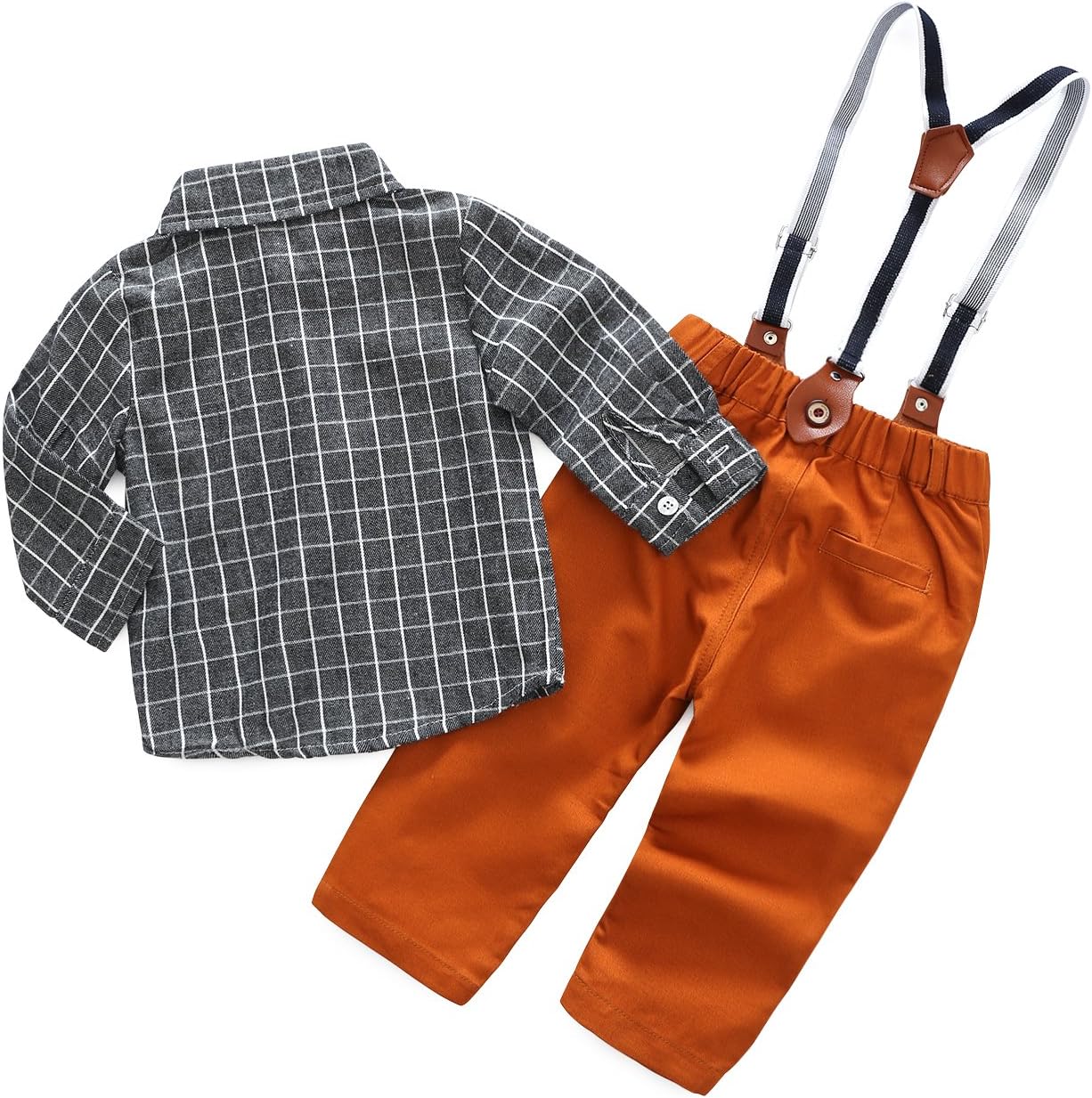 Kimocat Baby Boy Casual Suit 2pcs Cotton Long Sleeve Plaid Button-Down Shirt Pant with Suspenders Outfits Clothes Set - Image 2