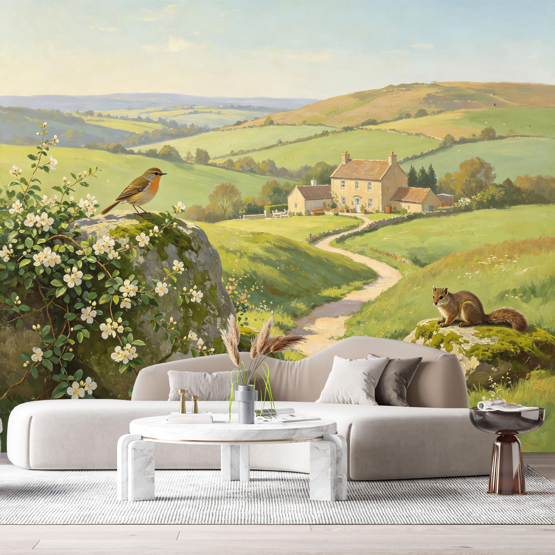 Custom Size Wall Murals Farmhouse American Country Oil Painting Rolling Hills Cottage Robin Bird Squirrel SelfAdhesive Wall Fabric Removable Large Wallpaper Photo for Living Room