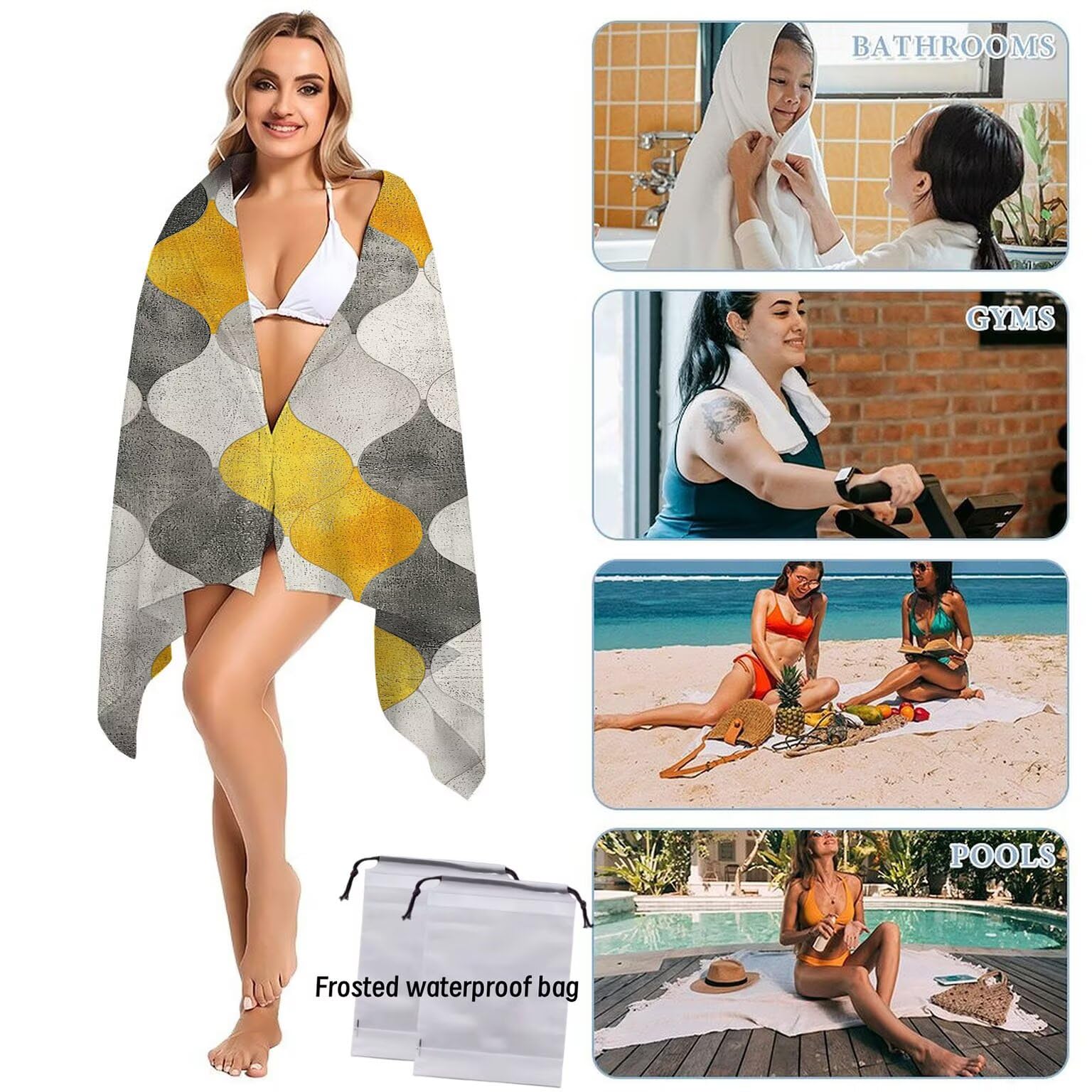 Strandtuch XXL 2er Set 80 x 160 cm, Groß Schnelltrocknendes Mikrofaser Handtuch, Sandfrei Badetuch, Summer Must Haves, für Damen Herren Reise Urlaub Sauna, mit Tasche (Nordeuropa Gelb Grau) B-88