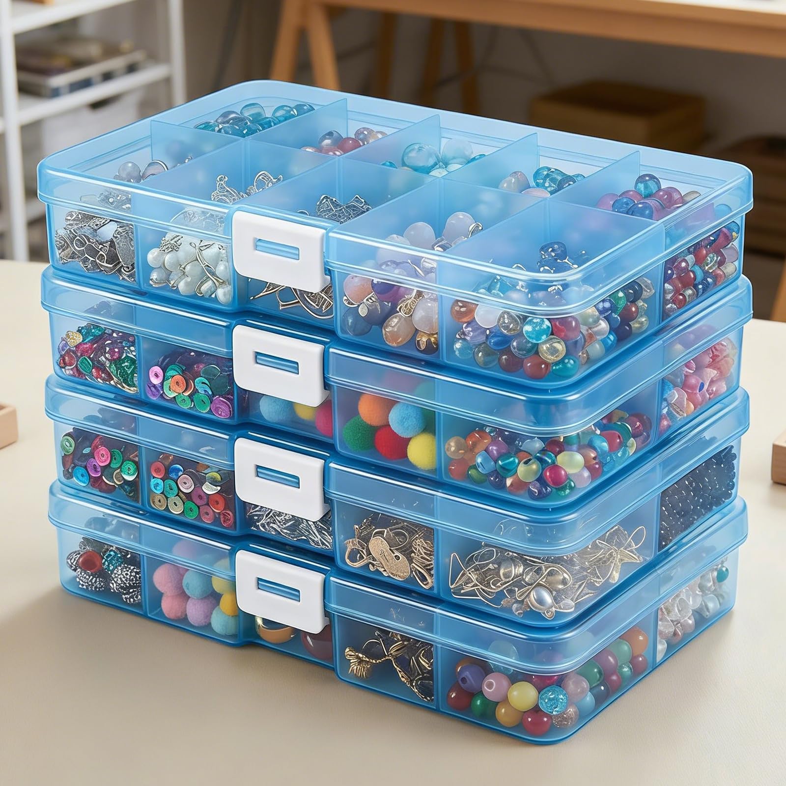 Set di 4 scatole di stoccaggio in plastica a 40 scomparti: contenitori impermeabili e impilabili per gioielli, artigianato, unghie e articoli da pesca. Supporto portaoggetti portatile (blu) - 2