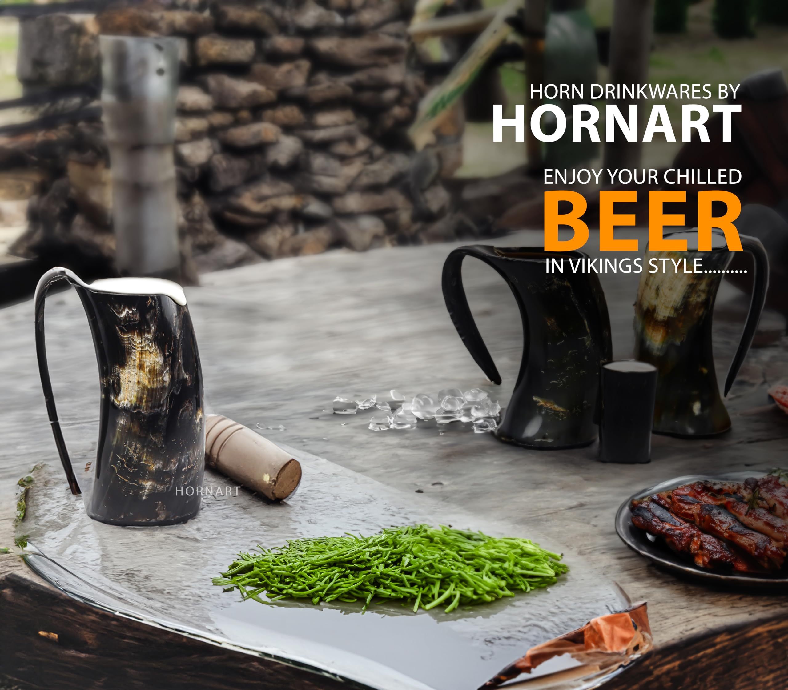 HORNART - Handcrafted Vikings Horn Mugs For Beer, Viking Drinking Coffe Mug, Ox Horn Mugs For Men, 3 pcs Set Horn Mug, Shot Glass, Opener - Gift for Men Large Vikings Drinking Horn Mug (Simple)