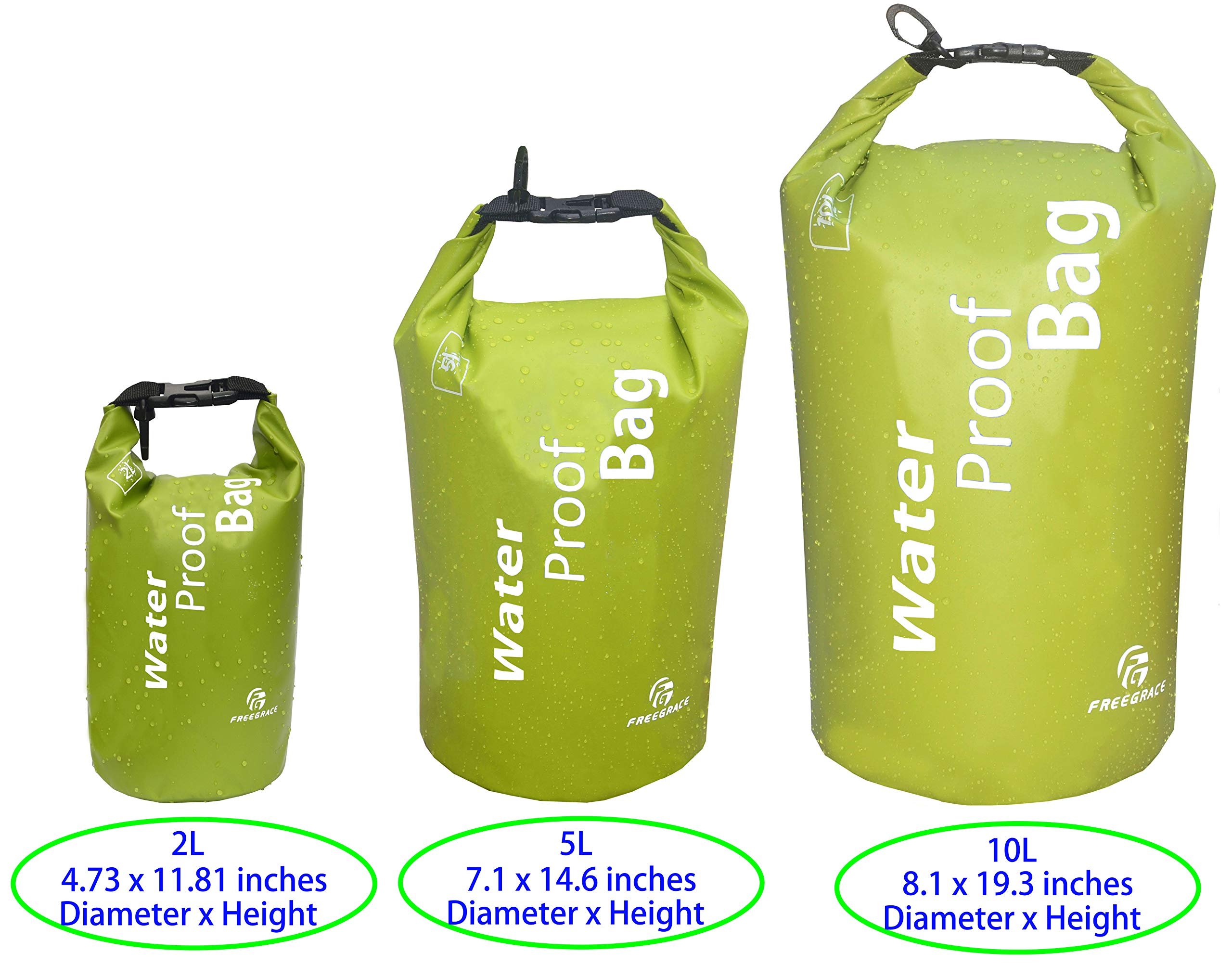Freegrace Waterproof Dry Bag - Lightweight Dry Sack with Seals and Waterproof Case -Float on Water -Keeps Gear Dry for Kayaking, Beach, Rafting, Boating, Hiking, Camping and Fishing (2L, Green)