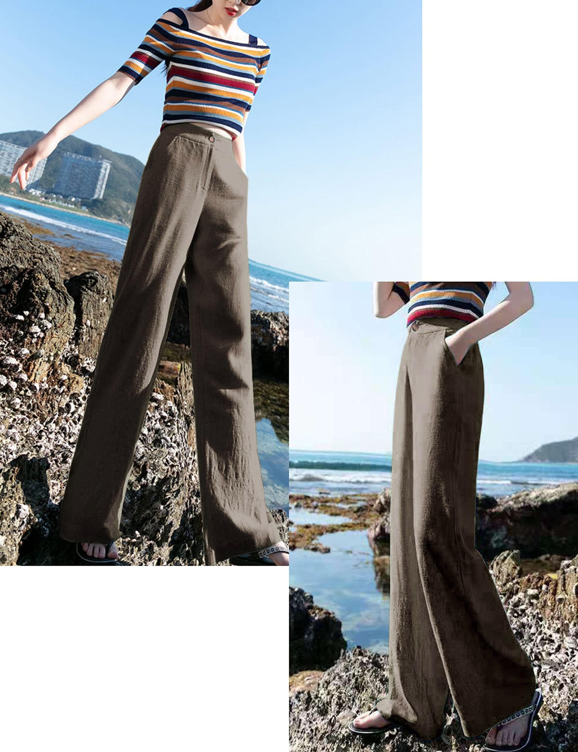 Hooever Womens Cotton Linen Pants Casual Button Up High Waisted Wide Leg Trousers