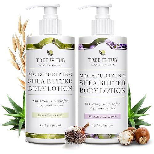 Tree to Tub Loción corporal de manteca de karité sin perfume para piel seca y manteca de karité de lavanda para piel seca, loción para piel sensible