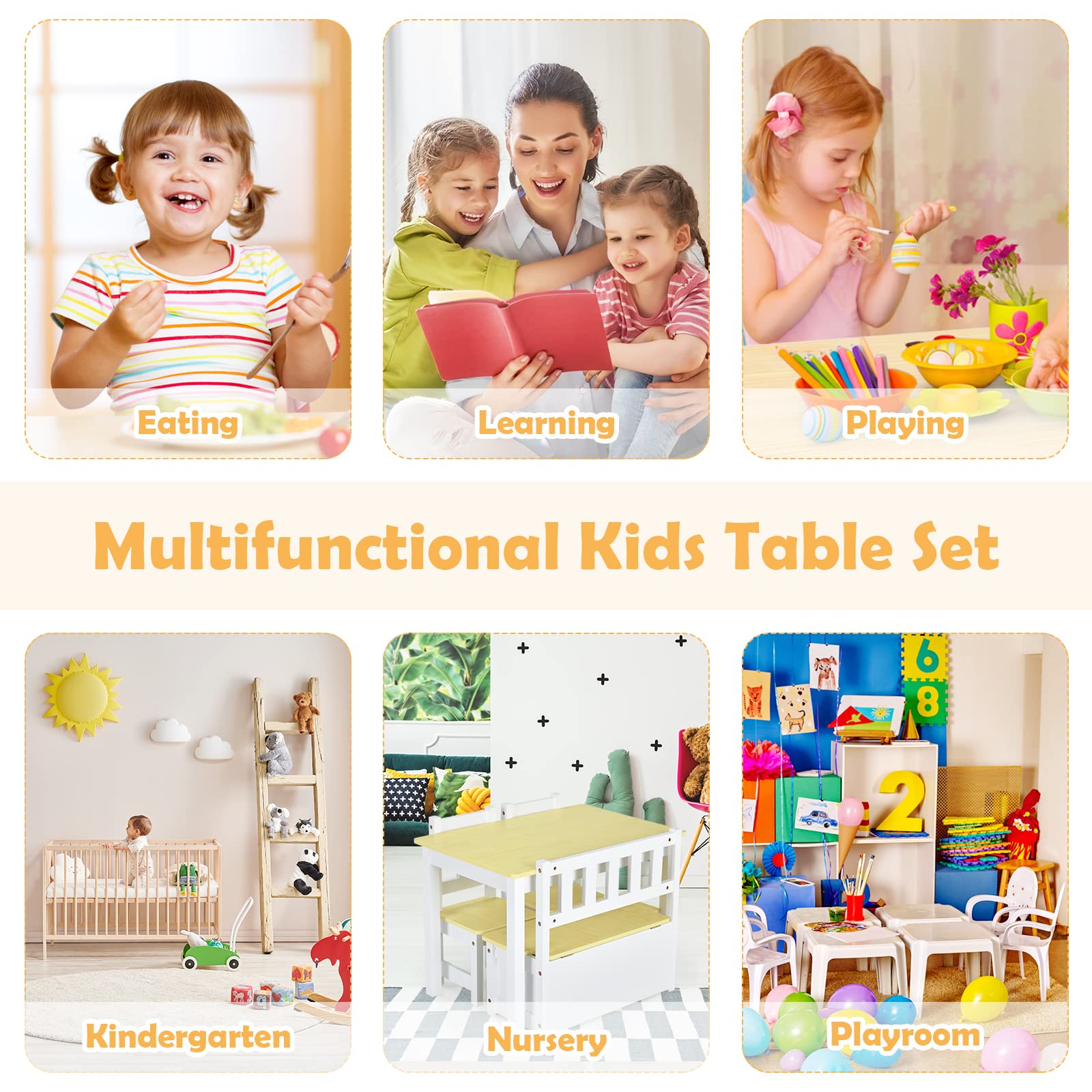 LIFEZEAL Tavolino Bambini, in Legno, Tavolino e Sedie per Bambini, 4 Pezzi, con 2 Sedie, 1 Panca Contenitore per Giocattoli e 1 Tavolo Rettangolare, Set Cameretta per Bimbi 3-7 Anni, Naturale e Bianco