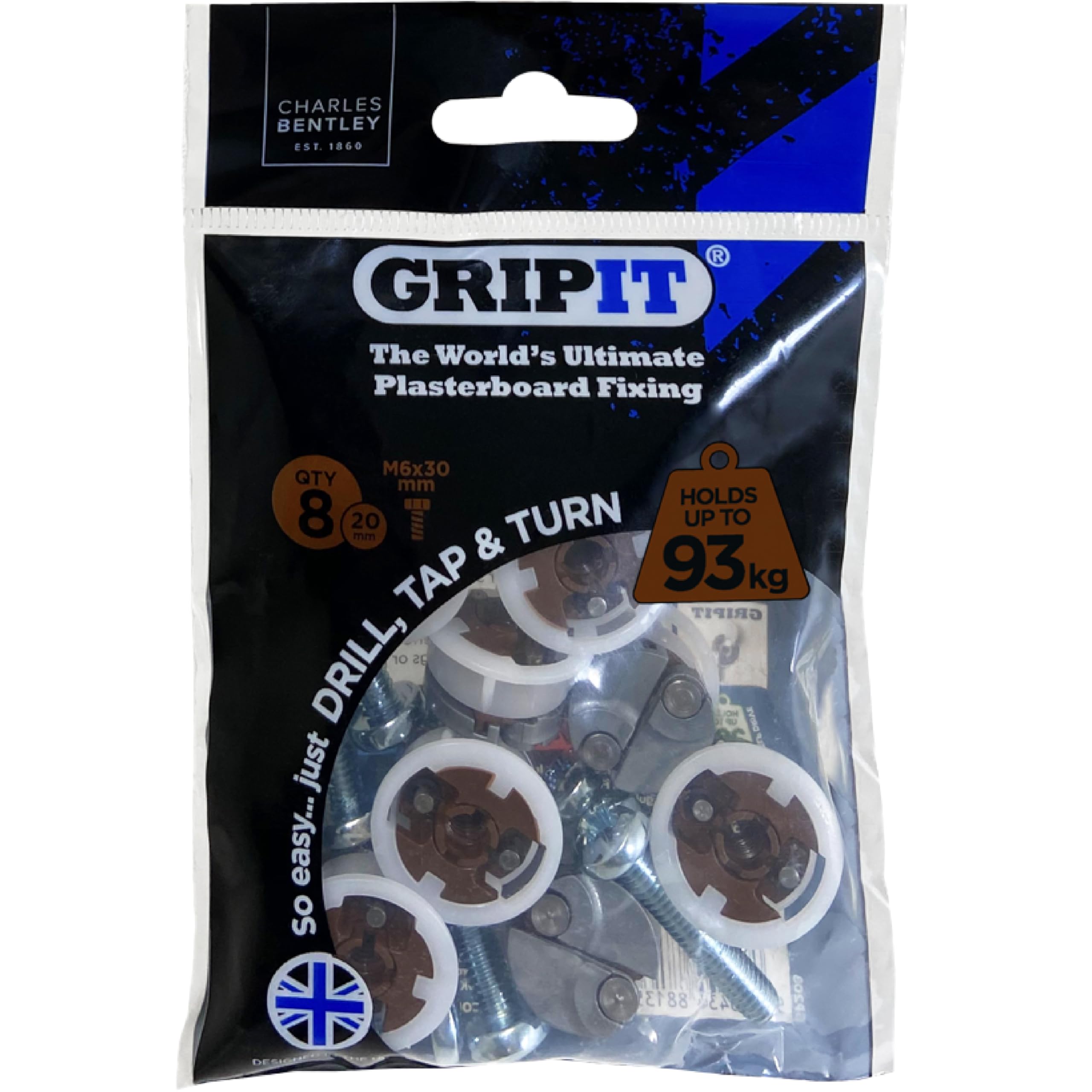 Gripit Multi Colour Brown Plasterboard Fixings - Pack Of 8 - Heavy Duty Stud Wall Fixings - Plasterboard Anchors - Ideal For Radiators, Av Equipment And Lighting - Easy Install - Holds Up To 93Kg - Uk Designed