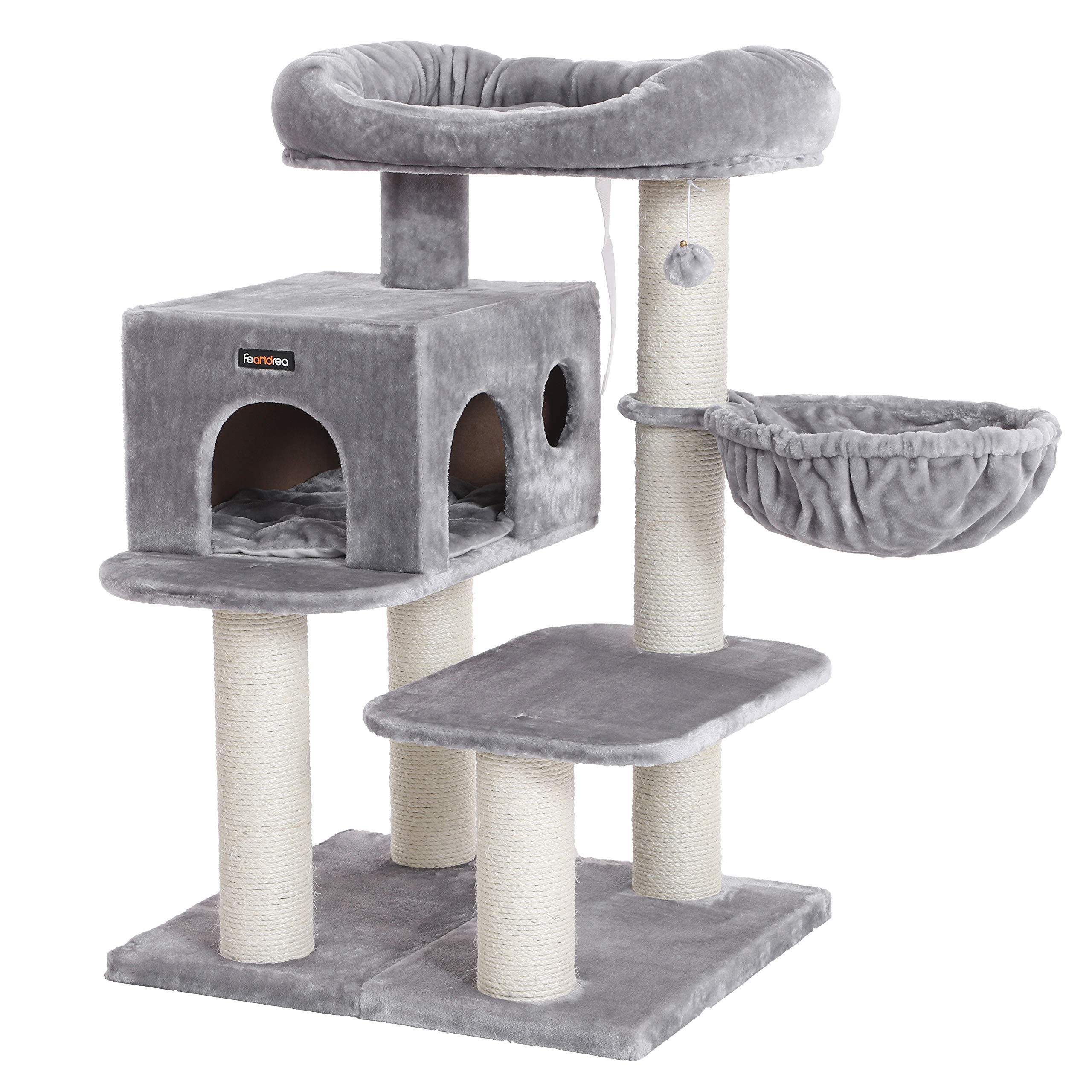 FEANDREA Cat Tree, Cat Tower with XXL Plush Perch, Basket Lounger Cat Condo with Adjustable Units, Cat Toys, Extra Thick Posts Completely Wrapped in Sisal