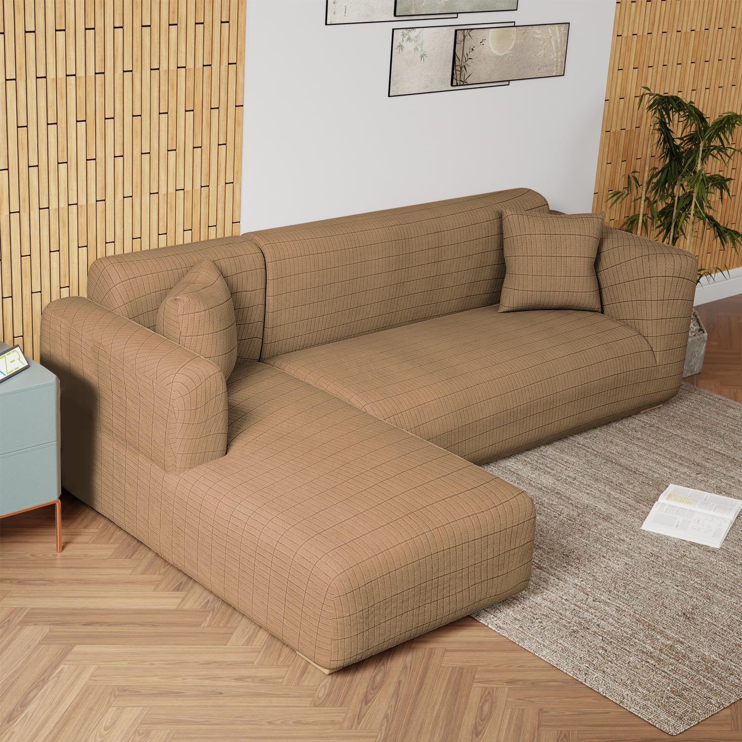 Lukzer Universal L Shape Sofa Cover 280 GSM Fabric Flexible Stretch Couch Slipcover Touching Case (Textured Dark Beige Box Pattern/Left Hand Side) LHS-057 (B0D8L8GKRJ) Amazon Price History, Amazon Price Tracker