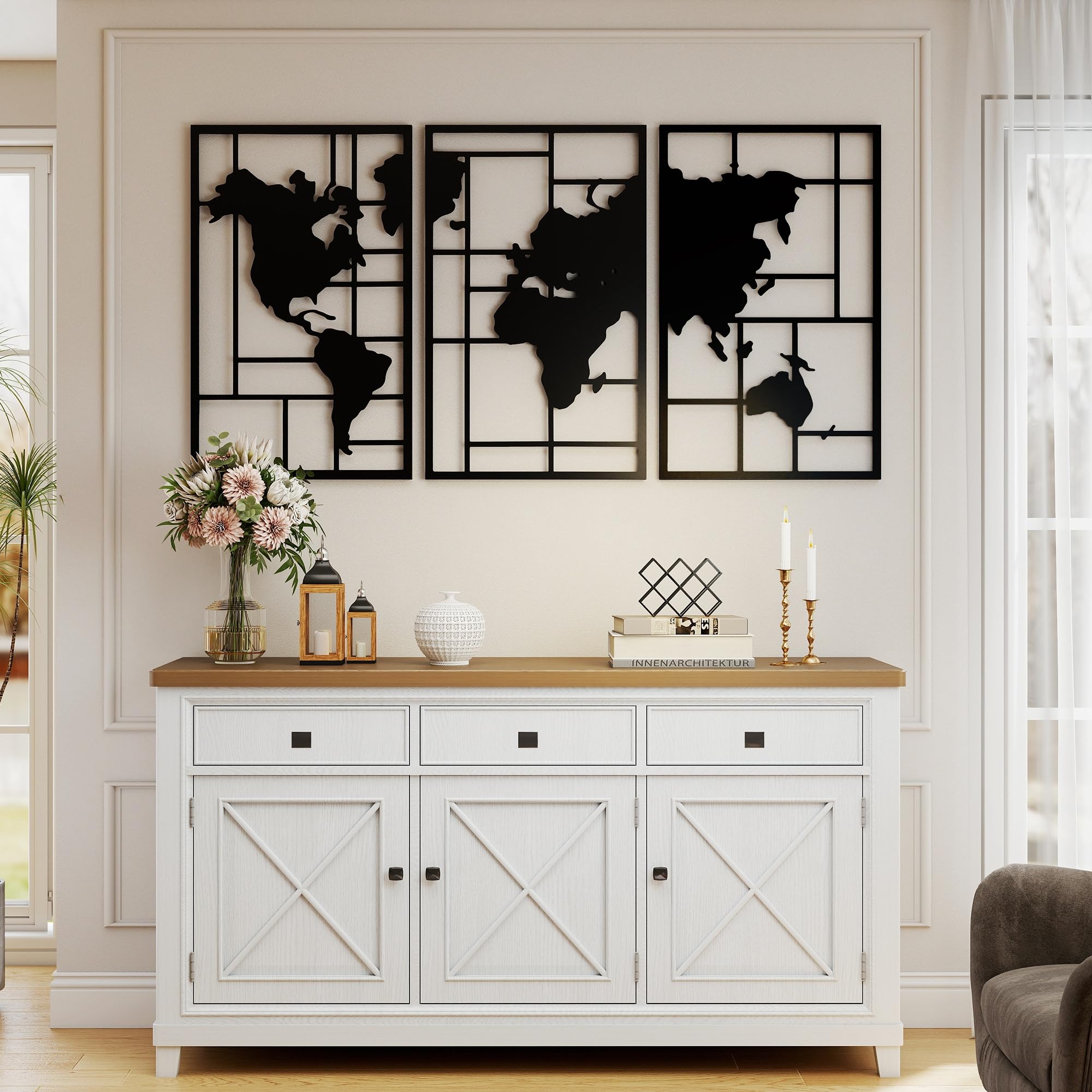 HOMCOM Lot de 3 Décorations Murales en Métal Moderne, Sculpture Murale Géométrique Abstraite, Carte du Monde, pour Salon, Chambre à Coucher, Bureau, 50 x 80 cm, Noir