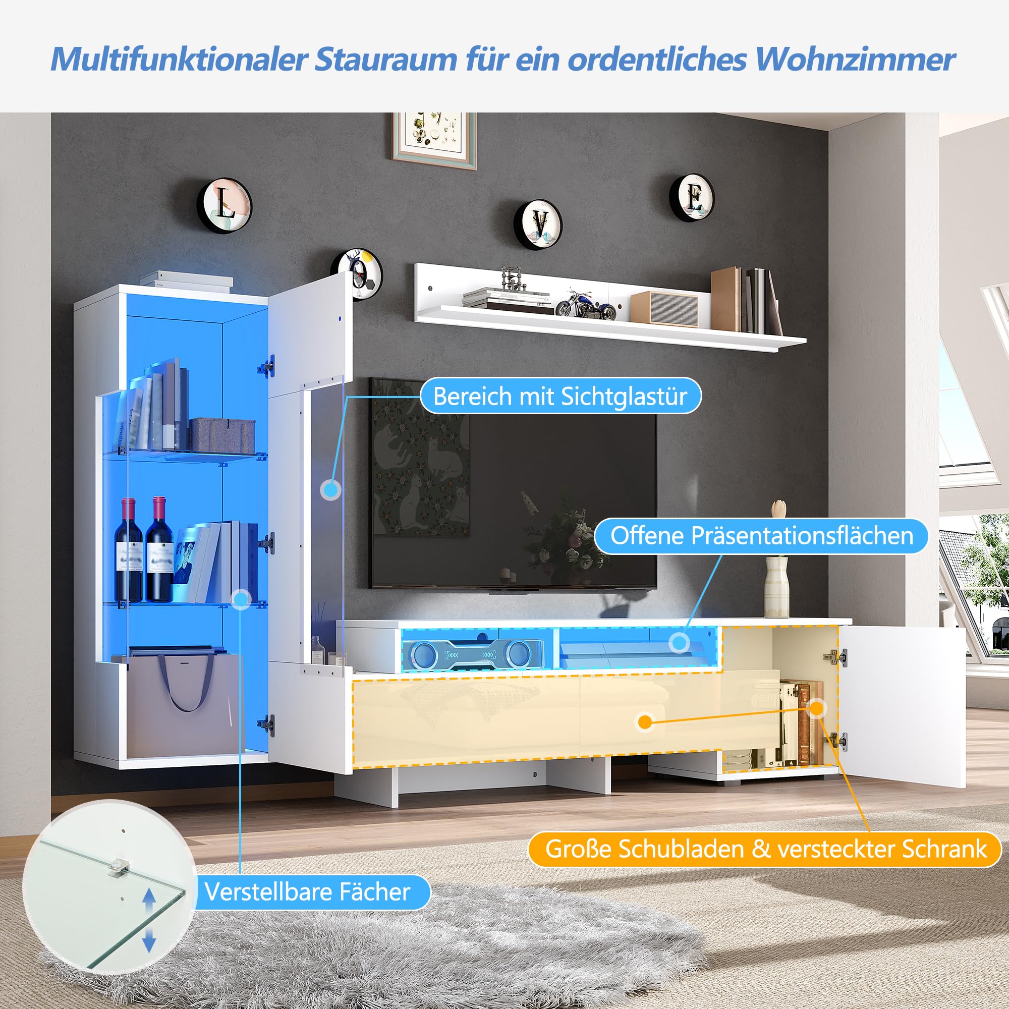 Kebnor TV Wohnwand Set 3-teilig, Hochglanz TV Wohnzimmermöbel-Set mit LED, modernes TV-Schrank,stehend und hängend, Acryl-Schranktüren, Glastrennwand, Weiß, TV bis 70' (Weiß 2)