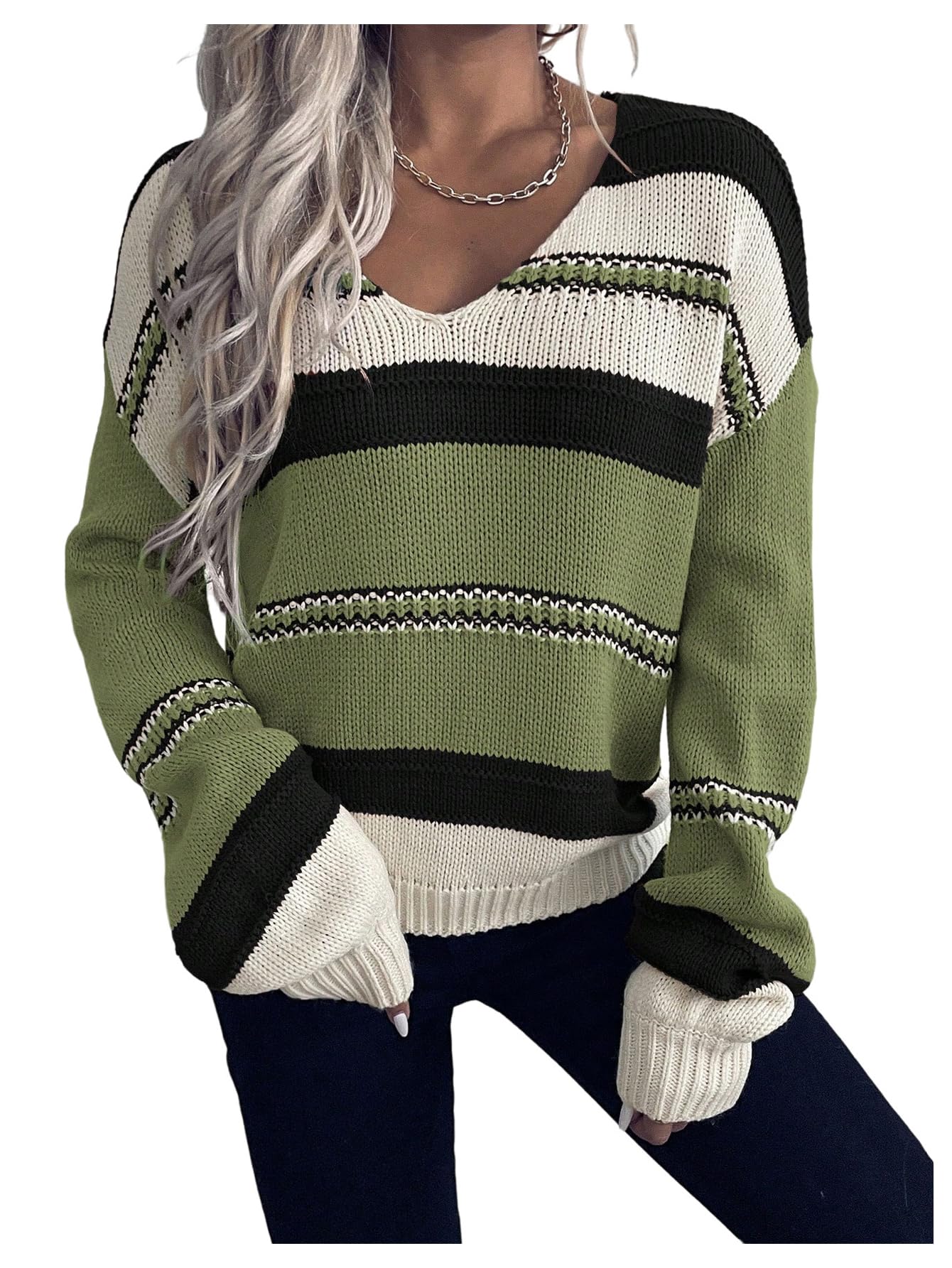 Verdusa Womens V Neck Striped Sweater Cozy Color Block Off The Shoulder Pullover Sweaters