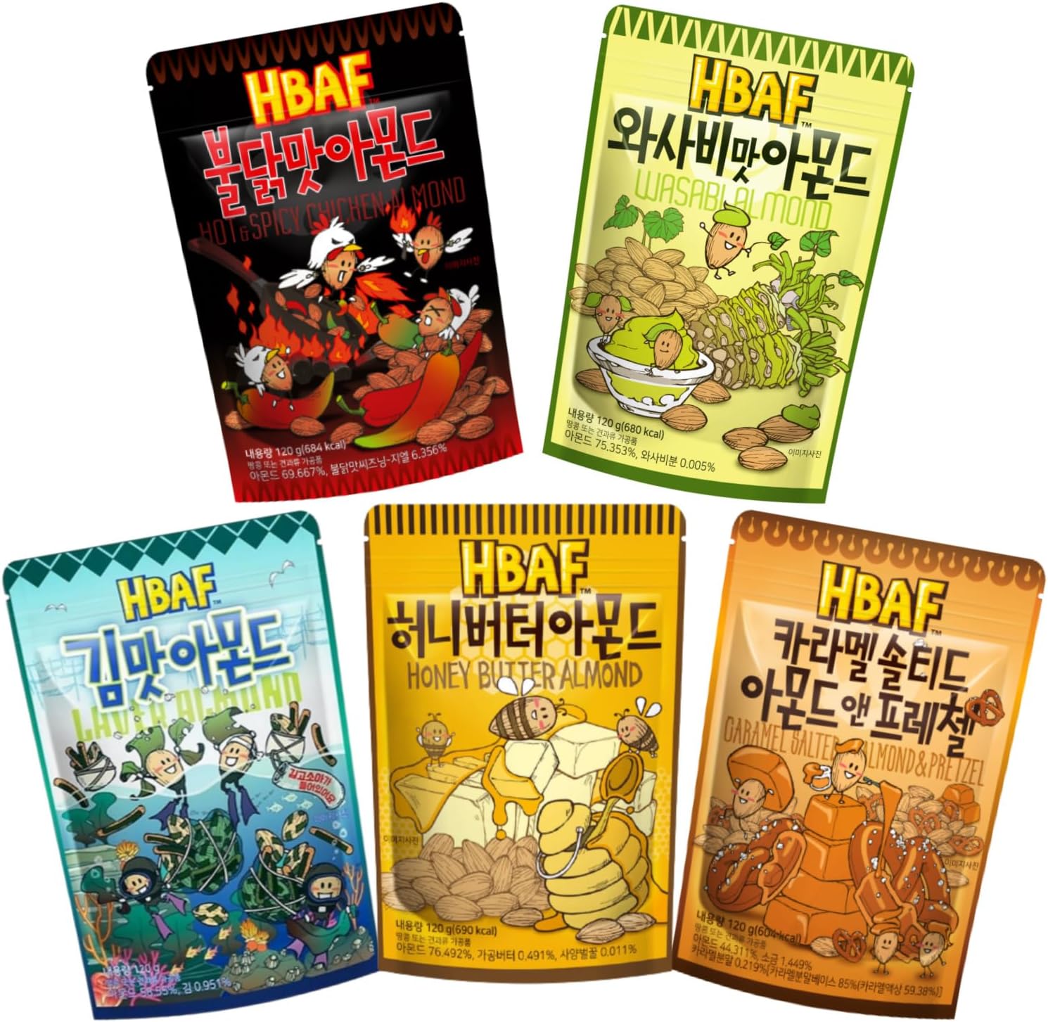 [Official Gilim HBAF] 5 Flavors Almonds Wasabi 120g, Hot Spicy Chicken 120g, Caramel Pretzel 120g, Laver 120g, Honey Butter 120g, Premium Korean Almond Nutritious Protein Snack Mix Gift Party Pack