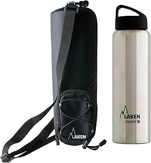 Laken Bouteille Isotherme Classique en Acier Inoxydable avec Isolation Sous Vide et Goulot Large 1 Liter Argent + House Isolante avec Bandoulière