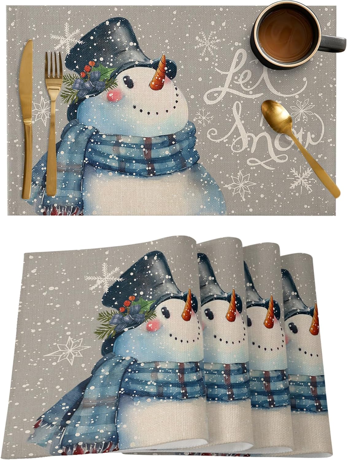 Christmas Placemats, Gray Snowman Let It Snow Winter