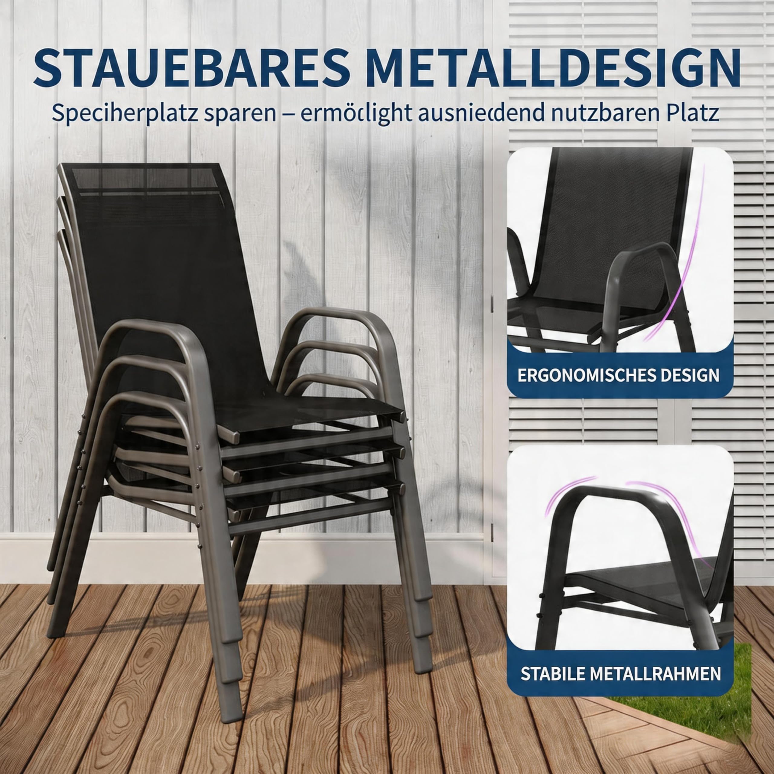 4er Set Stapelbare Gartenstühle, Komfortable Outdoor Hochlehner Aus Metall Mit Atmungsaktivem Textilene, Wetterfest, Rostbeständig, Mit Polsterung Ideal Für Terrasse, Balkon & Garten, Schwarz