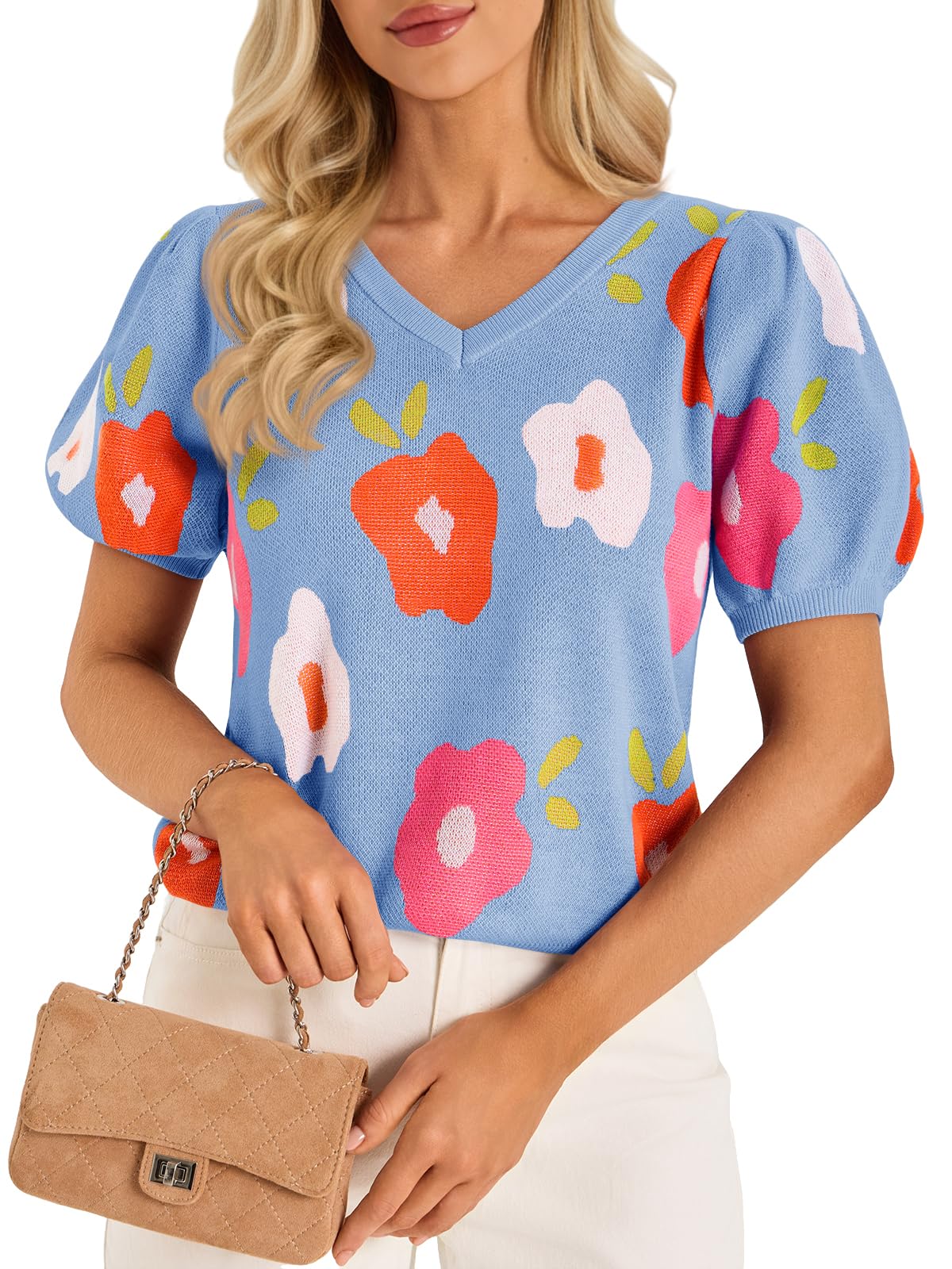 Cicy Bell Womens Puff Short Sleeve Sweater Tops 2026 Spring Summer Floral Pullover V Neck Casual Knit T