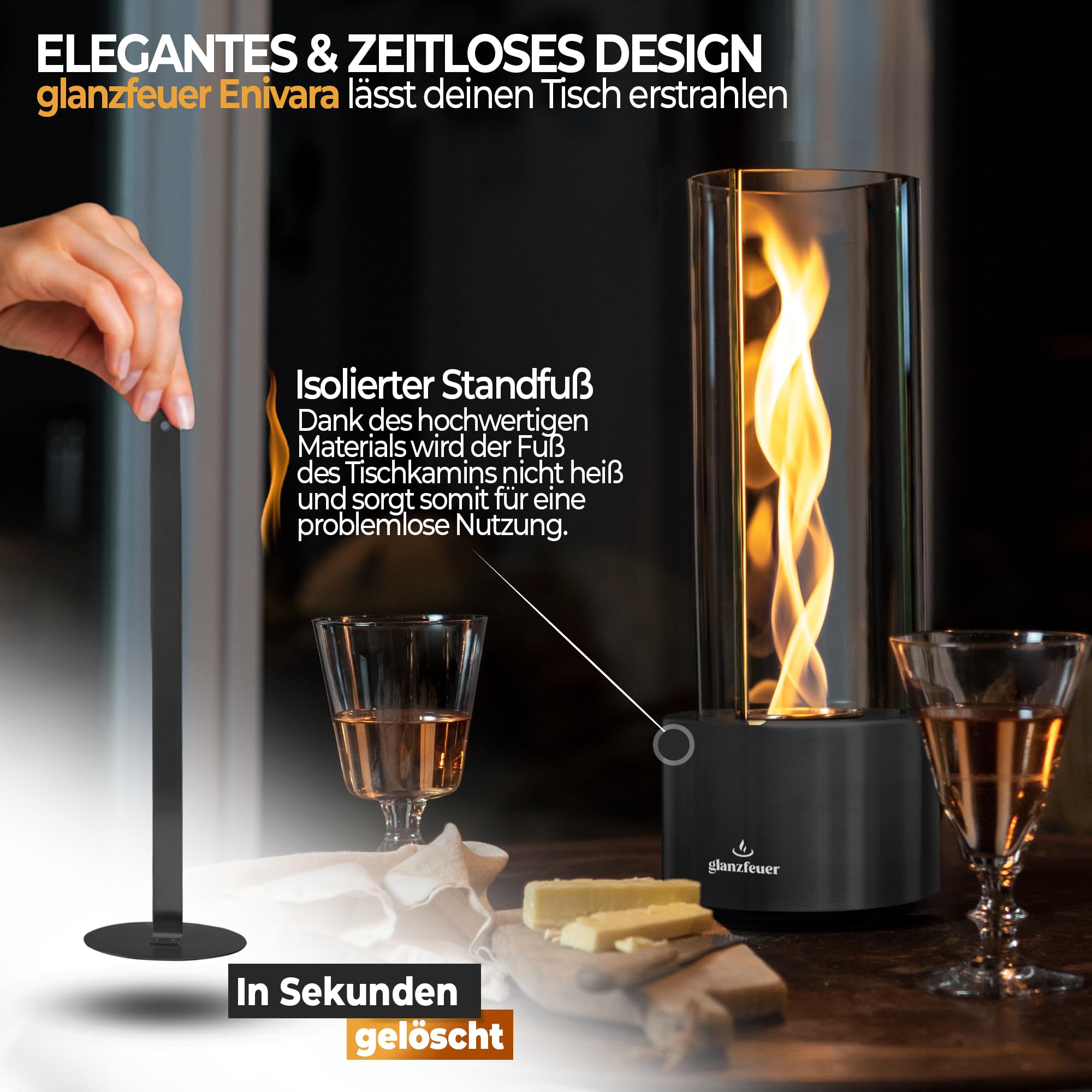 Glanzfeuer Bioethanol Tischkamin Outdoor & Indoor inkl. Bioethanol - Extra Lange Brenndauer mit Wirbelflamme - Tischfeuer Deko - Tisch Kamin Feuer Feuersäule - Garten & Deko Geschenk