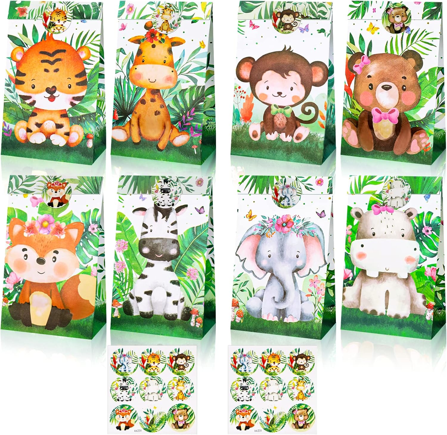 FRIUSATE 12 Pcs Animal Party Bags with Stickers, Jungle Party Bags