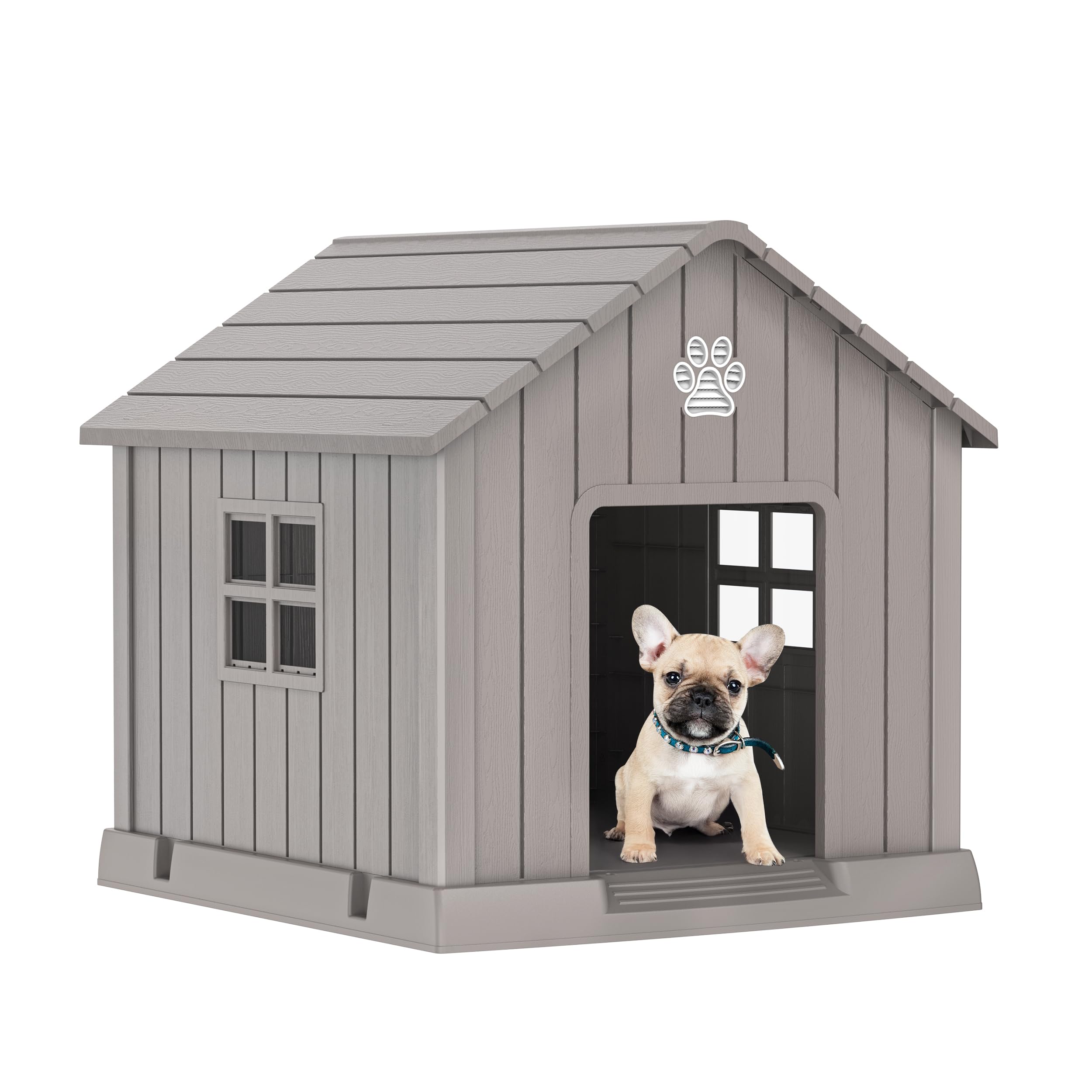 GGYI Dog House – Resin Outdoor Shelter with Elevated Dog Bed, Weatherproof Dog Fence-Compatible Kennel for Yard, Patio & Garden