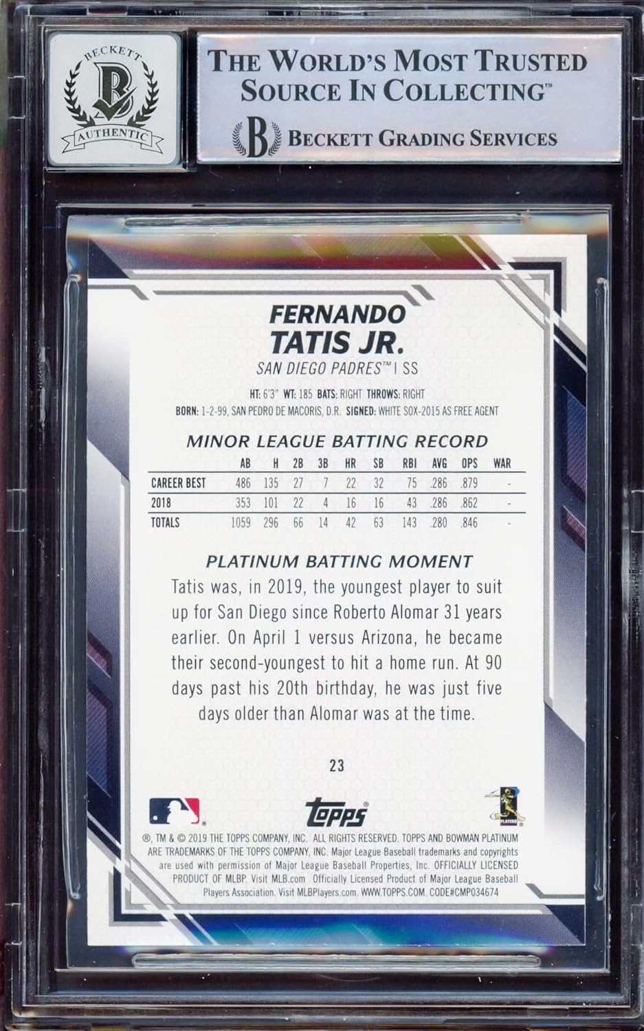 Fernando Tatis Jr. Autographed 2019 Bowman Platinum Variations Rookie Card #23 San Diego BGS 8.5 Auto Grade Gem Mint 10 Beckett BAS #15350608