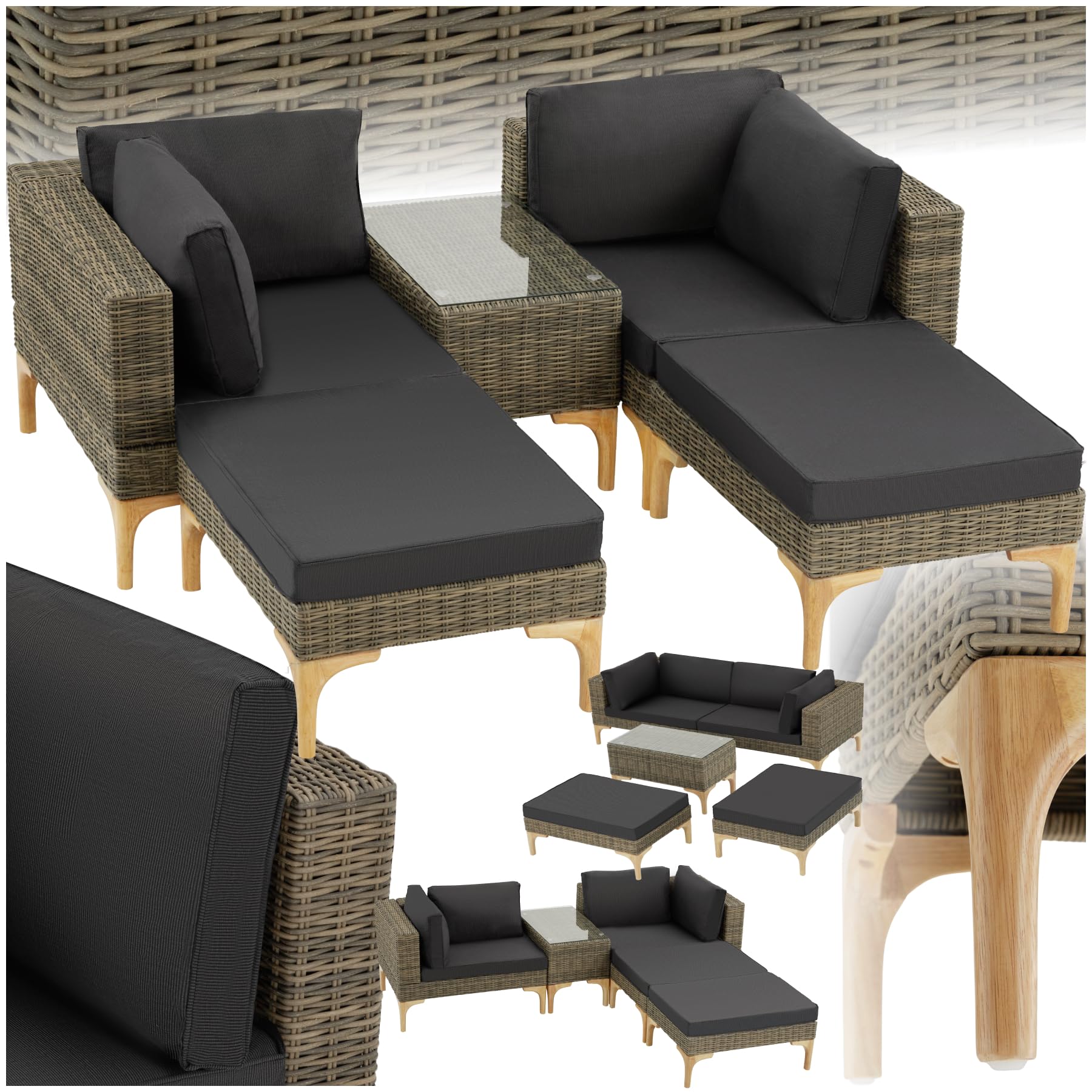 TecTake® Conjunto Jardín en Ratán y Aluminio con Cojines, Conjunto Terraza Resistente a la Intemperie, Muebles Jardín Exterior 2 Sillones, 2 Taburetes, 1 Mesa con Cristal, Fundas Extraíbles - Natural