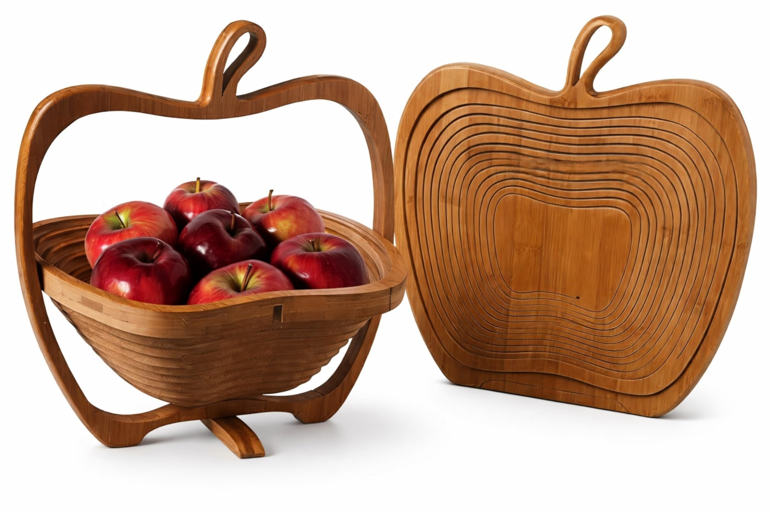 FAIRY BOUTIQUE Bamboo Foldable Fruit Basket Bowl, Apple Shape Collapsible Wooden Storage Trivet, Natural Eco Friendly Kitchen Fruit Holder for Apples, Oranges, Home Dining Table & Countertop Decor