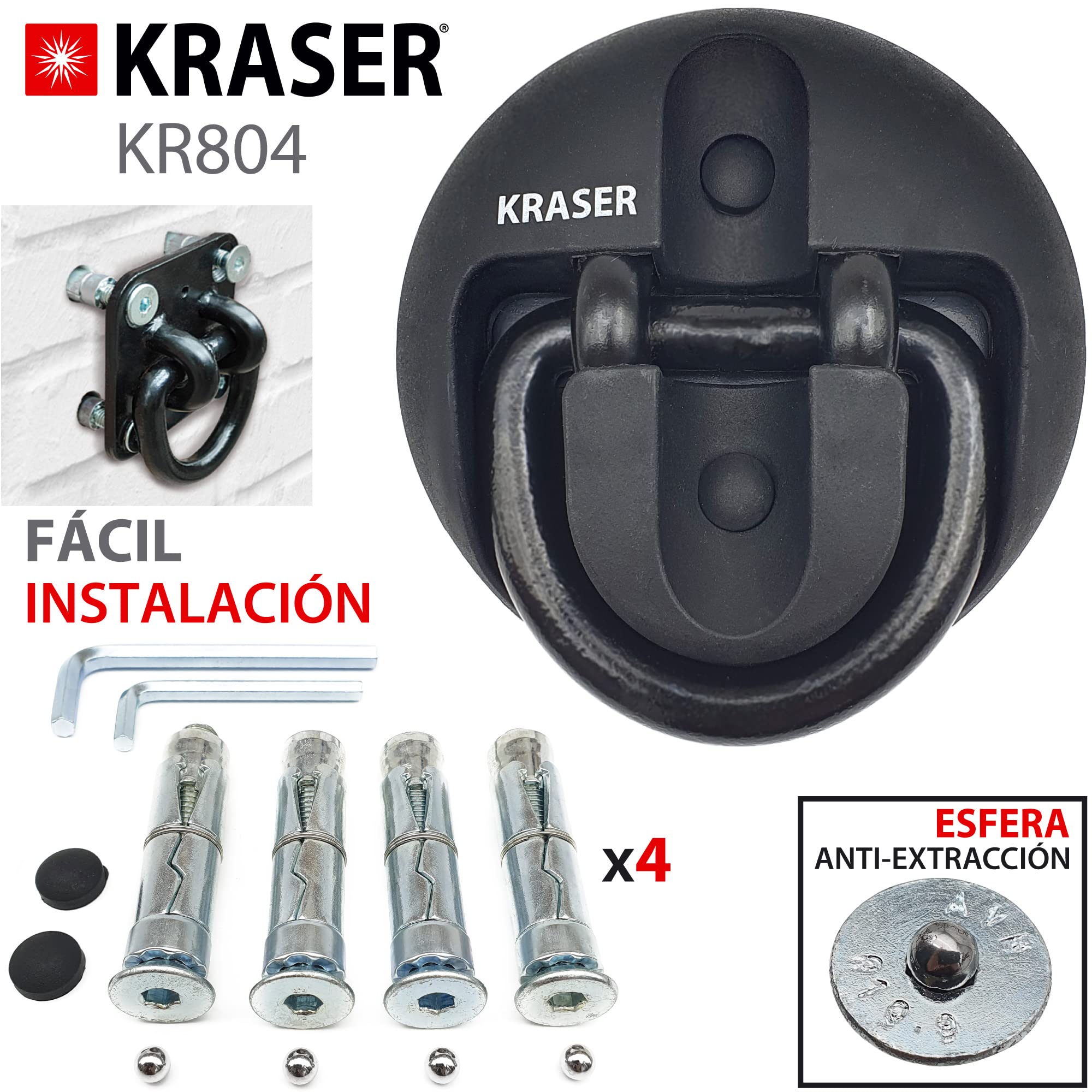 KRASER KR804 Anclaje Suelo Moto para Cadena Seguridad, Anilla ø14 Abatible, 4 Tacos Expansivos, Fijación Antirrobo Pared Garaje Remolque Parking Universal Motocicleta, Scooter, Bici Eléctrica