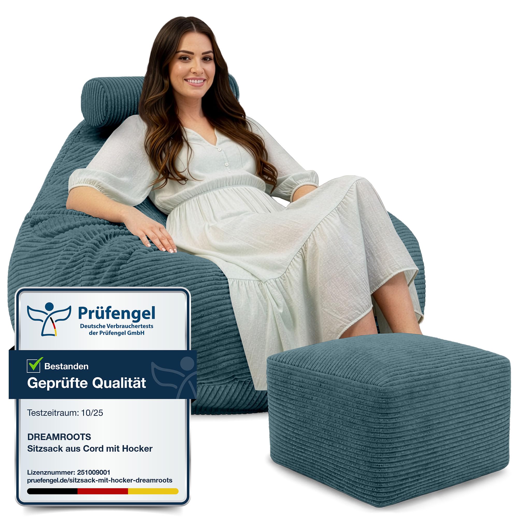 DreamRoots Sitzsack Erwachsene Cord oder Kinder - Bean Bag Sofa - Sitzsack Cord mit Hocker und Bezug - Sitzsäcke mit Füllung 90x90x100 cm Ocean Depths