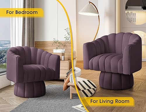 Miniatura 4 de Silla decorativa giratoria de 360 grados de mediados de siglo, moderno sofá redondo con tapizado ancho, sillas de tela de terciopelo esponjoso para