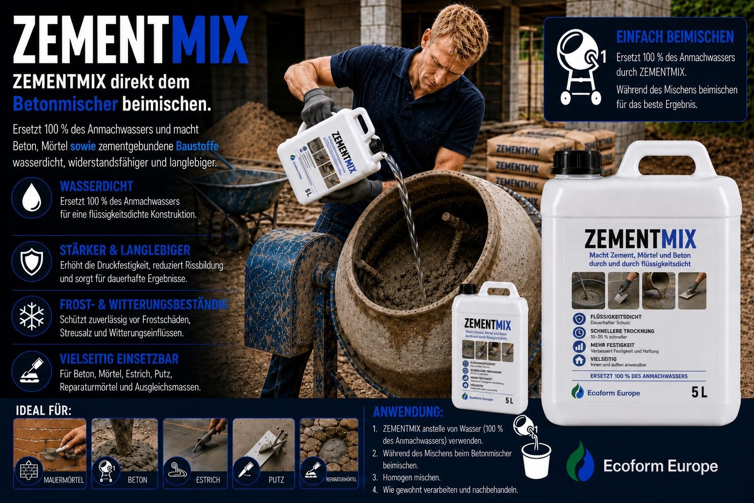 Flüssiger Dichtungsmittel Für Beton 20L Zementestrich Moertelzusatzmittel Plastifizierer M04
