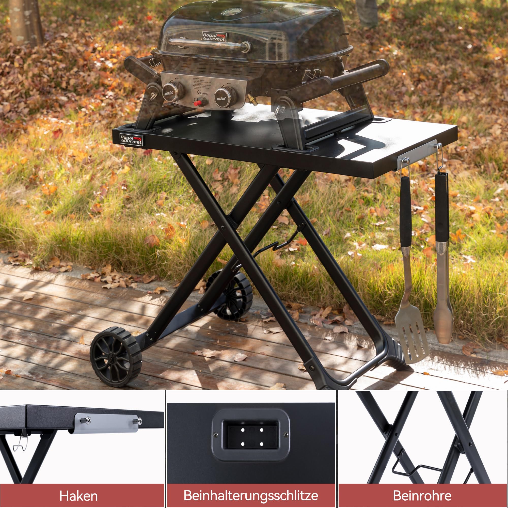 Royal Gourmet Mesa de barbacoa plegable para barbacoa de gas, soporte para barbacoa de mesa, carrito plegable con ganchos, mesa plegable para barbacoa de gas, GT2005-G negro