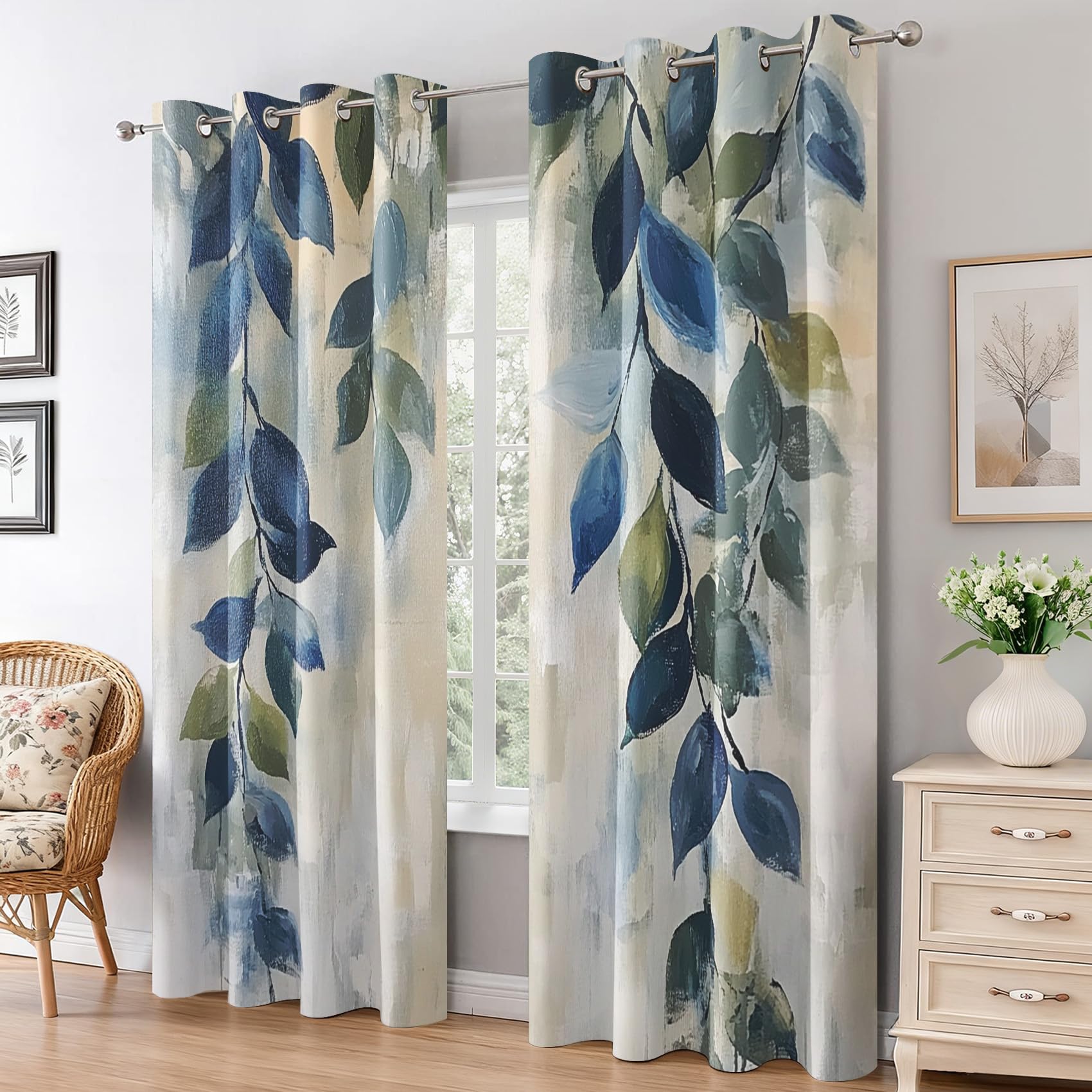 Generisch Blau Blätter Vorhänge Wohnzimmer, Verdunklungsvorhänge Botanisch Grün Blatt mit Ösen, Vorhang Blickdicht mit Muster, Gardinen für Wohnzimmer Deko 2er Set, H 245 X B 140 cm B-D79