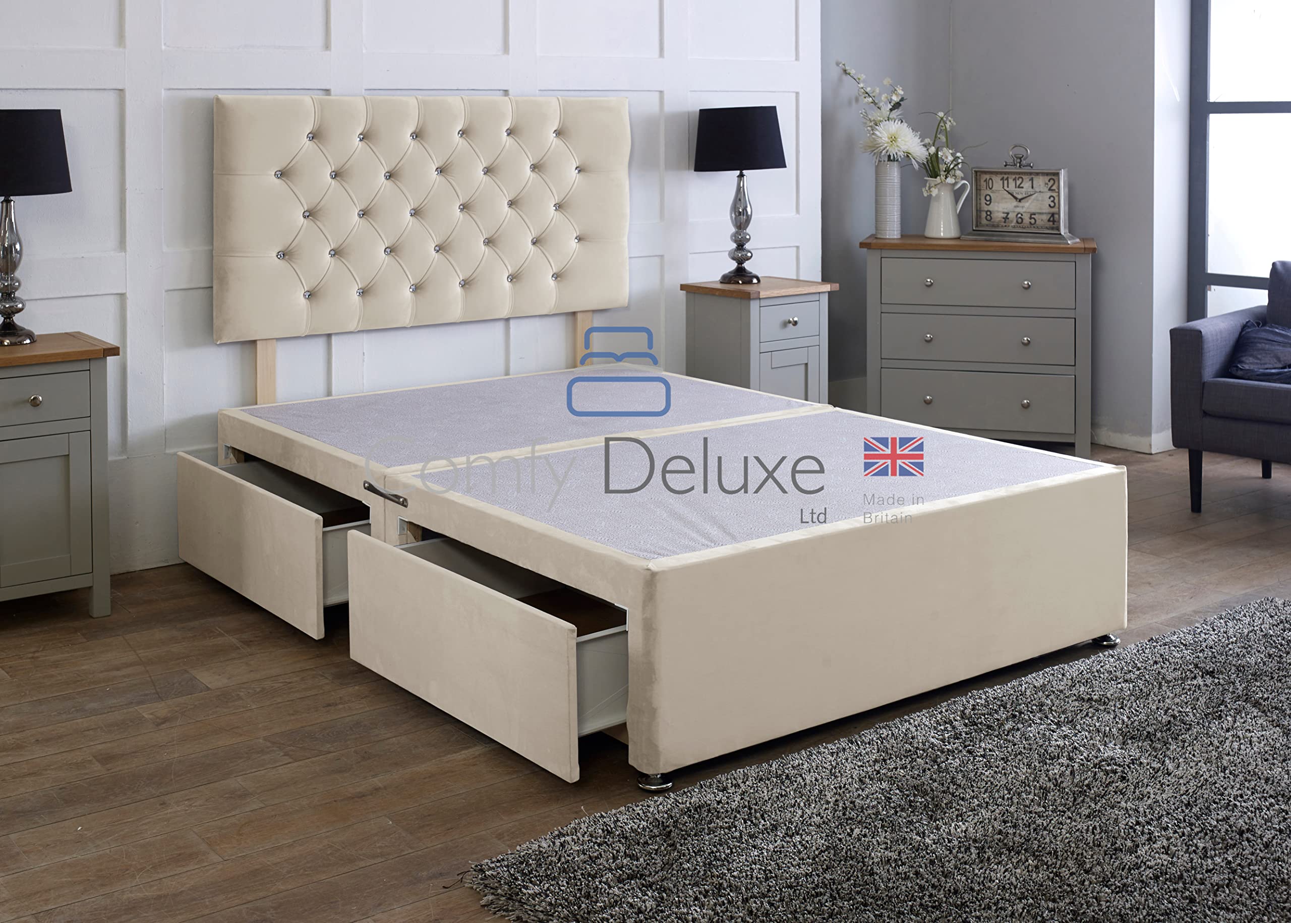 Comfy Deluxe LTD Divan Bed Base - 2FT6 Small Single, Stone | Plush Velvet Bed Frame with 26 Inch Chesterfield Headboard | No Mattress Included | 2 Same Side Storage Drawers | UK Made