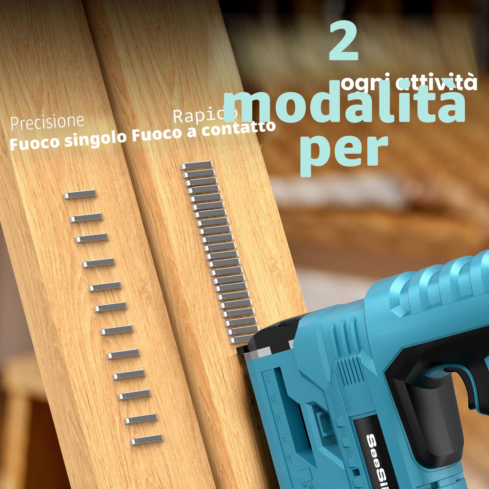 SEESII Chiodatrice Brad a Batteria, Pistola Sparachiodi Elettrica Calibro 18 con 2 Batterie da 2,0Ah e 1000 Pezzi di Chiodi e Graffette, Profondità di Inchiodatura Regolabile