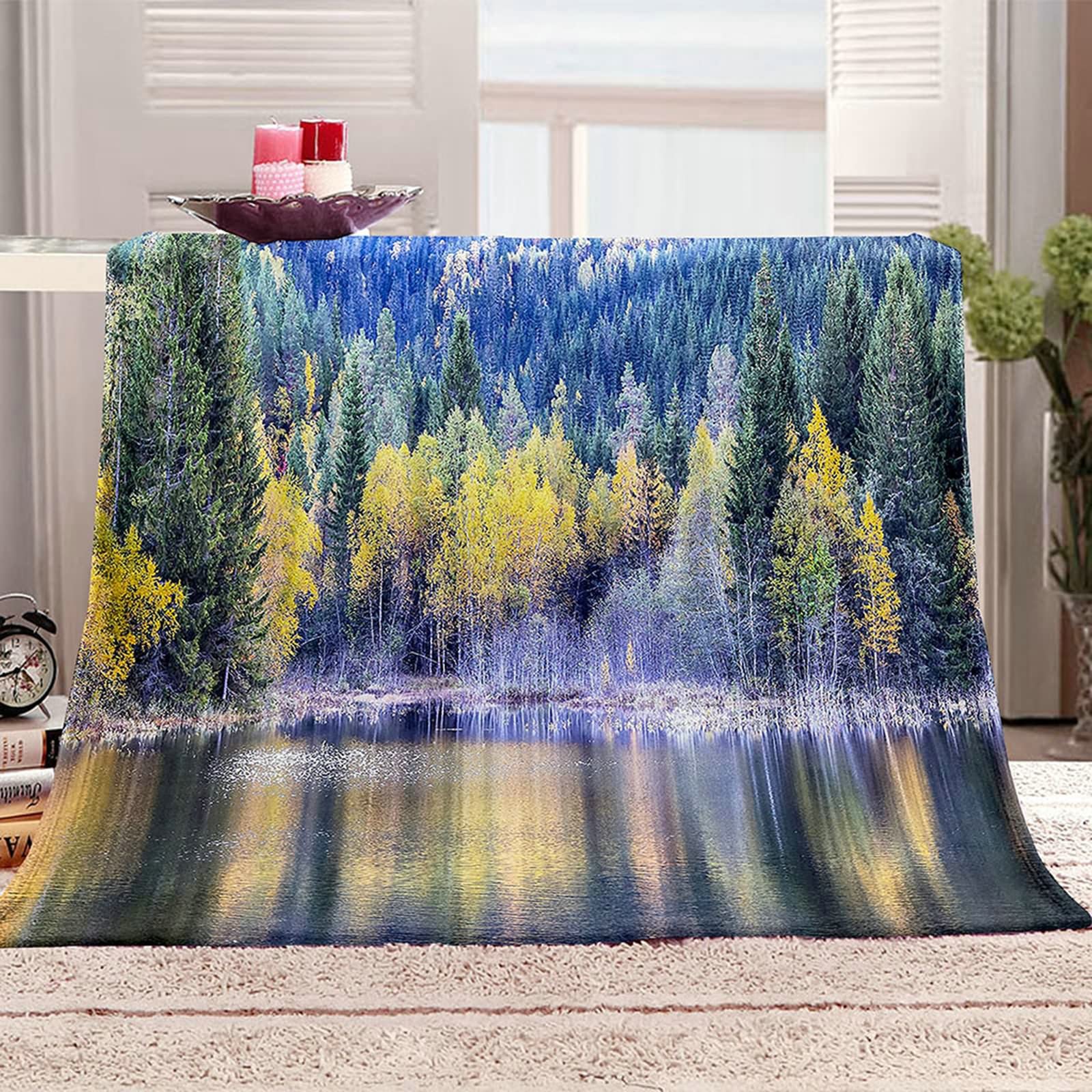 Aeici Koc polarowy, koc dziecięcy z nadrukiem 160 x 200 cm drzewa jezioro koc na sofę zimowy prezent dla dorosłych i dzieci
