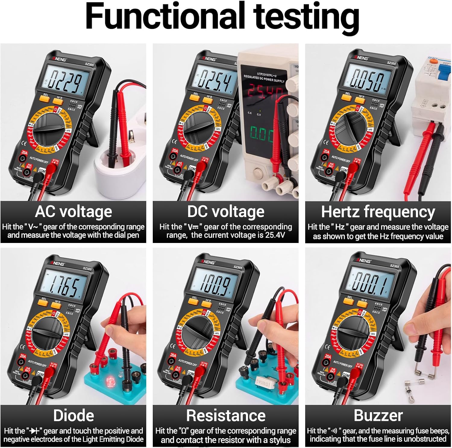 Irfora SZ305 Digital Multimeter performing various functional tests including AC/DC voltage, Hertz, Diode, Resistance, and Buzzer