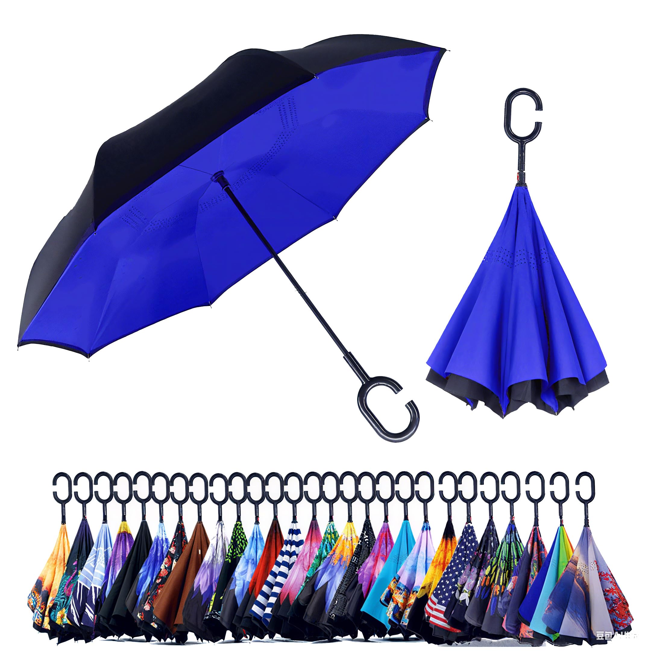 SIEPASA 49/56 Inch Inverted Reverse Upside Down Umbrella, Extra Large Double Canopy Vented Windproof Waterproof Stick Golf Umbrellas with C-shape
