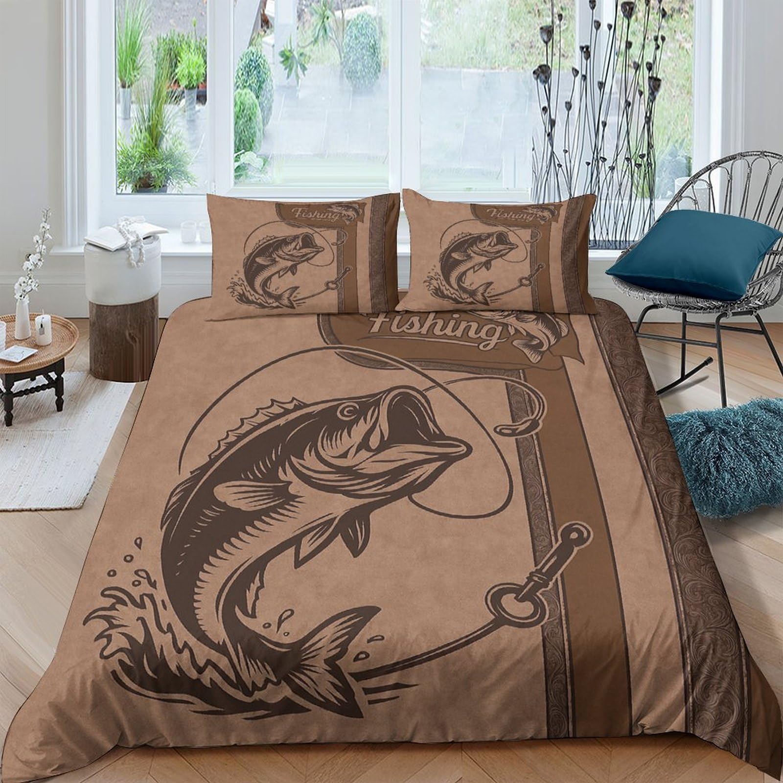 Ctjqhvkz Style-1 3D Printed Jumping Fish Fitted Sheet Microfiber Soft Brown Fishing Hook Bed Cover For Bedroom Decor Mattress Protection Single（135X200cm）