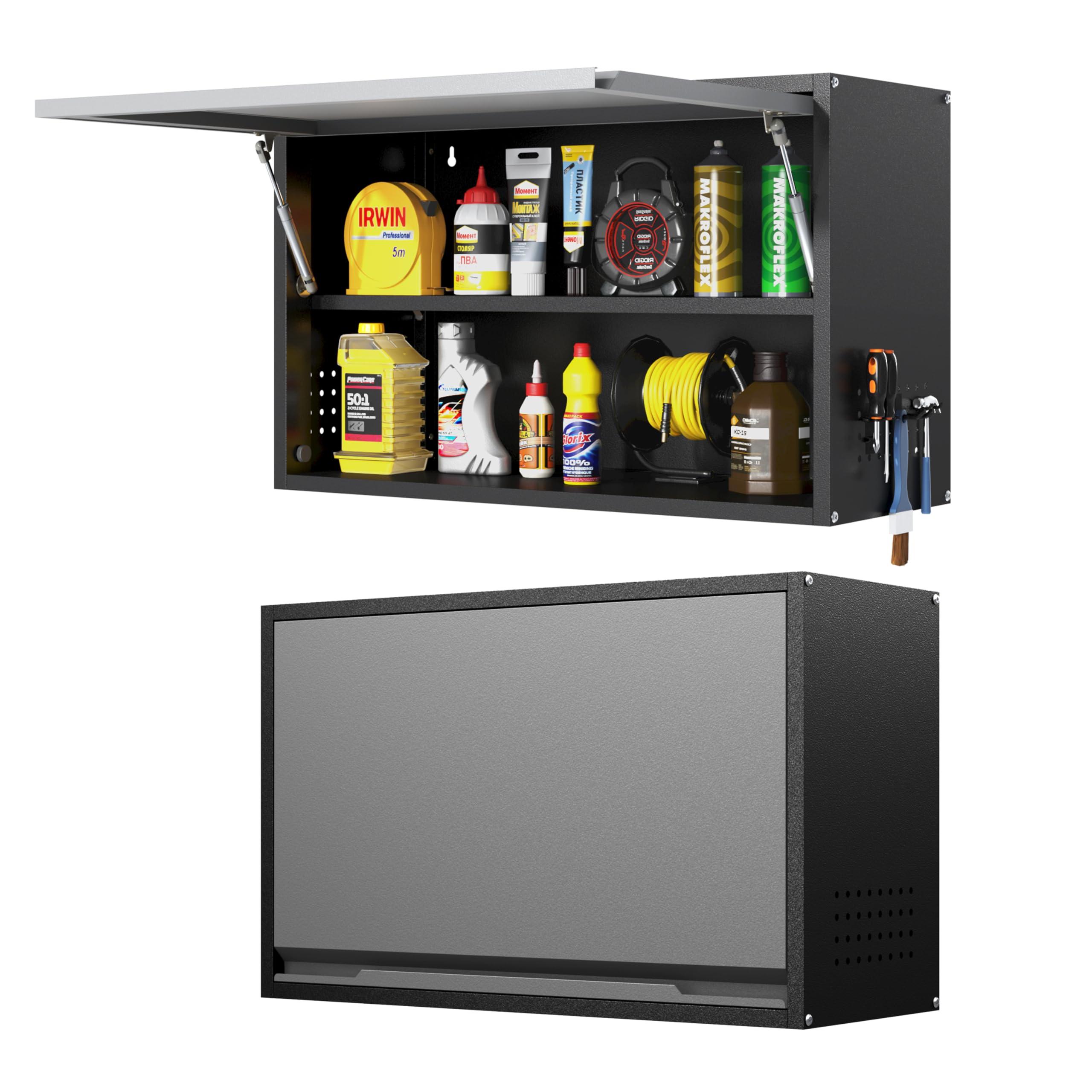 Metal Wall Cabinet with Adjustable Shelves, Doors - Floating Tool Storage for Garage/Warehouse - Black/Gray