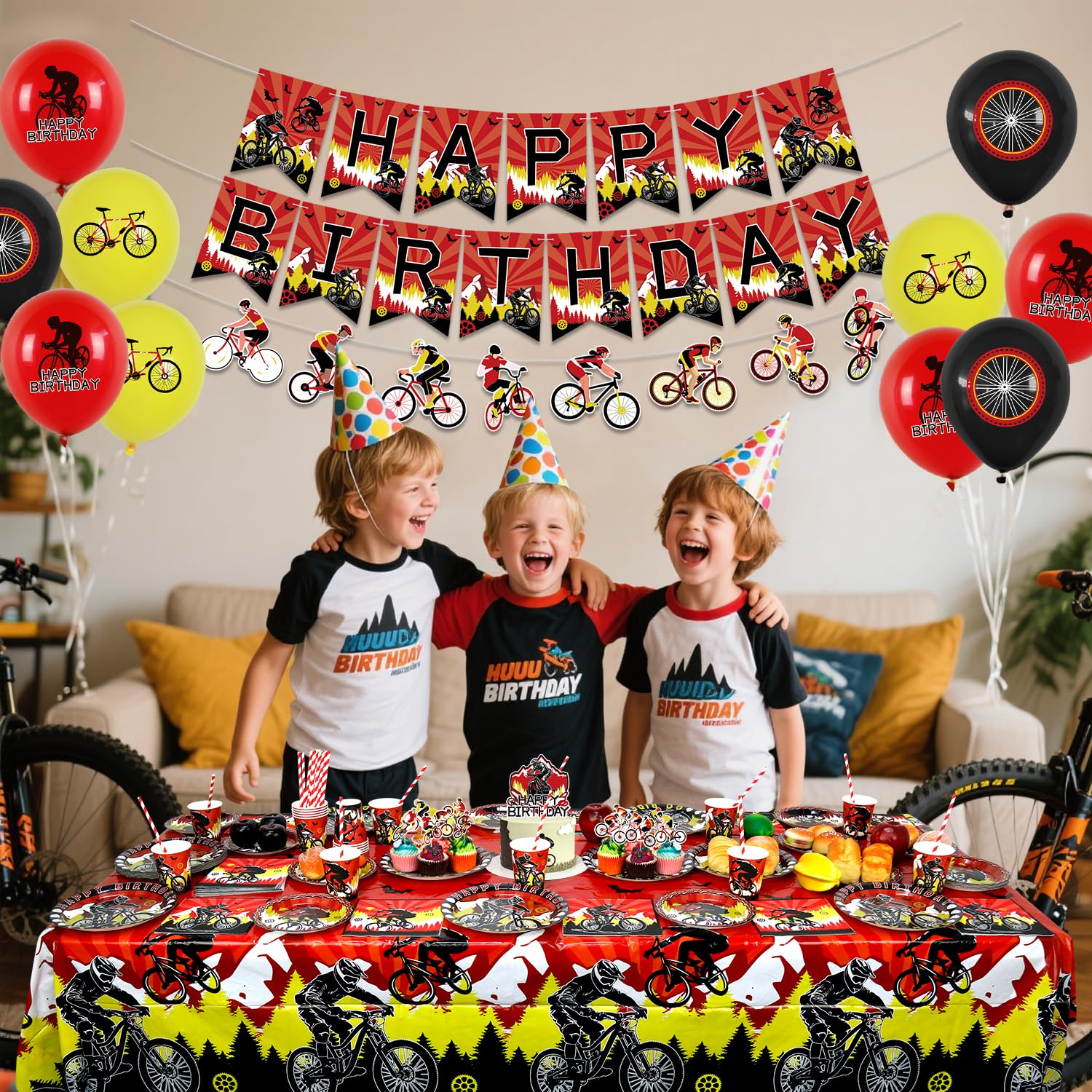 Decorazioni per feste di compleanno per bicicletta, accessori per feste in bicicletta, tra cui striscioni, piatti, decorazioni per torte, bicchieri, tovaglioli, palloncini, tovaglie, per 20