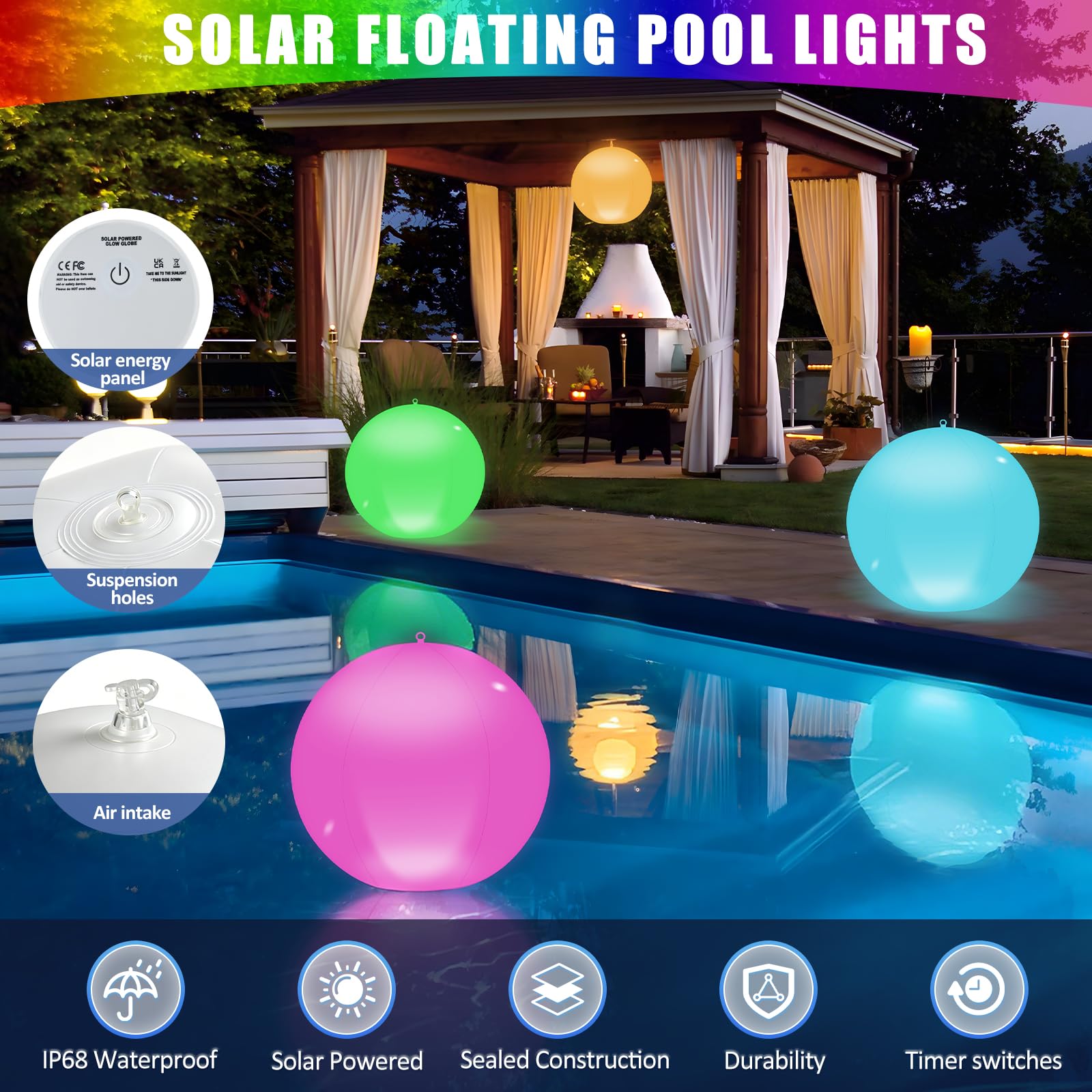 Solari Luci Galleggianti Piscina, 4Pz Solare Lampada Galleggianti Piscina con Telecomando,13.4In 16 RGB Solare Lampada Palle Luminose da Giardino Solari, IP68 Palle Luminose per Piscina Esterno