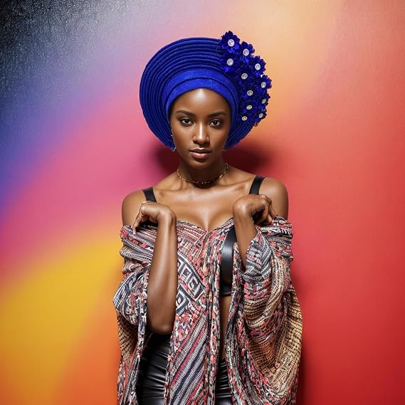 アフリカ ヘッドラップ ファッション ヘッドバンド ストーン ASO Oke Auto Gele Headtie 既製 レディース 帽子 キャップ ウェディングパーティー用 ブルー、スタンダード
