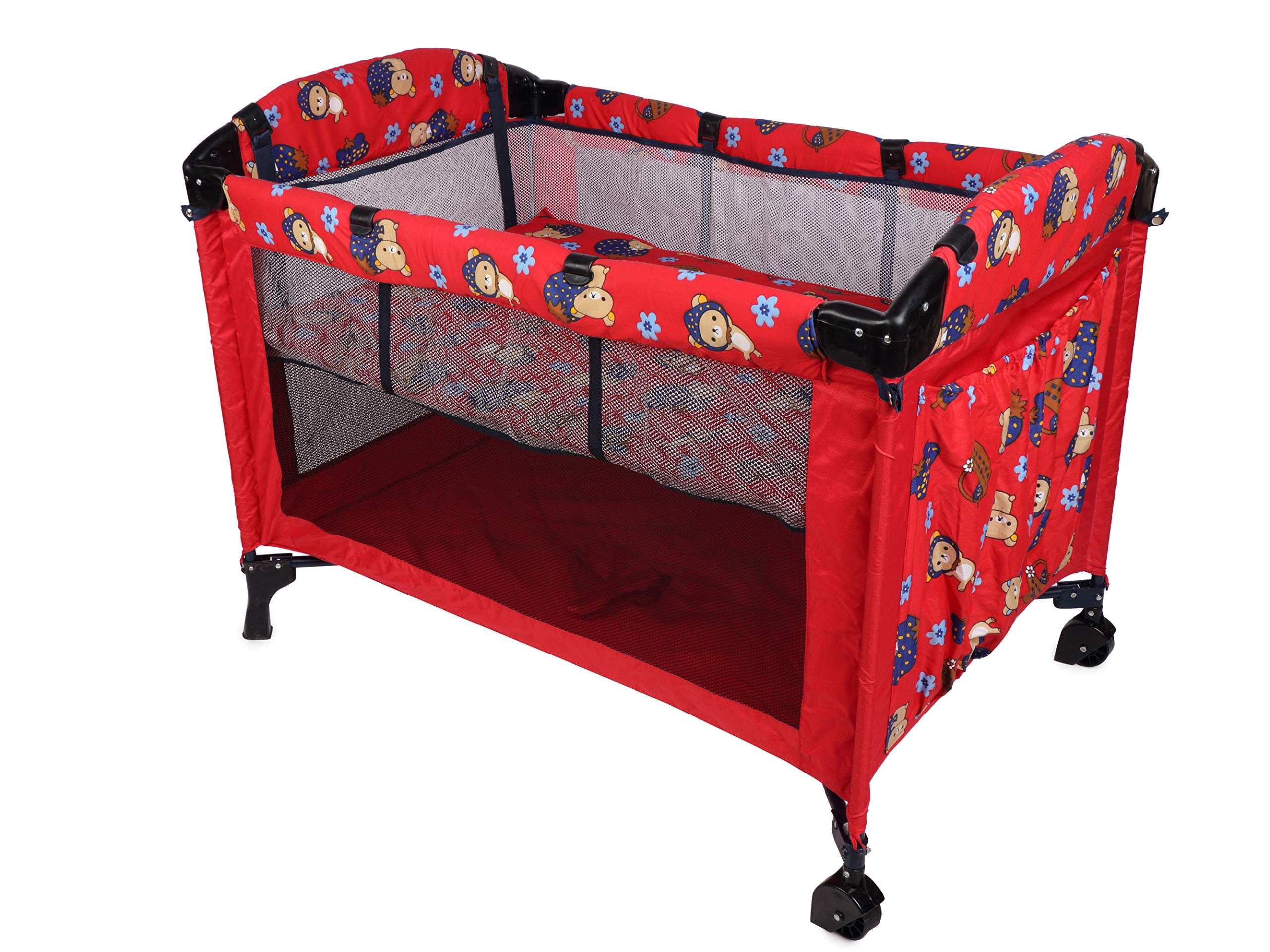Infanto Playpen Cum Cot | Compact and Highly Portable| with Travel Bag | Easy Fold | 2-in-1 Functionality | Double-Layer Pad | Breathable Mesh-CC48 (RED) - Image 2 thumbnail