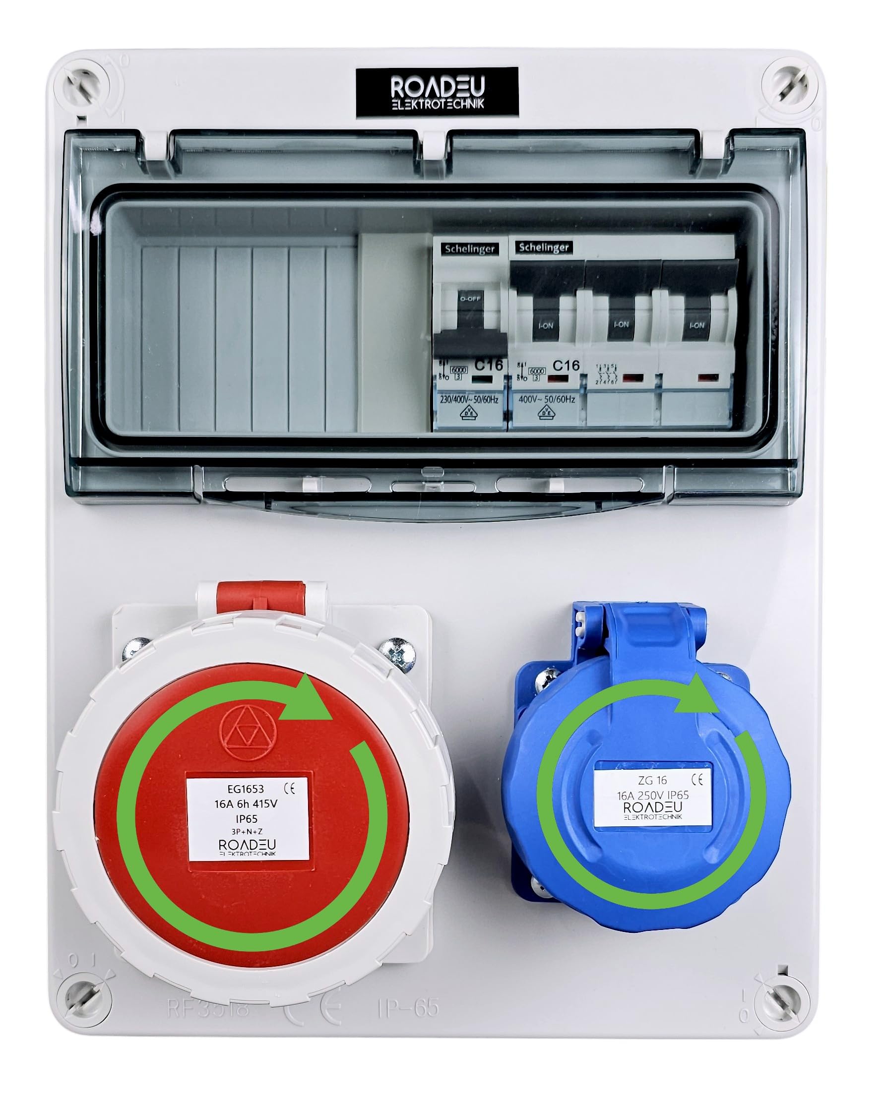 RoadEu Quadro elettrico IP65 CEE 16A 5P 400V e presa Schuko 230V | Interruttori magnetotermici VDE | C16A 3P + C16A 1P | coperchi avvitabili | montaggio a parete