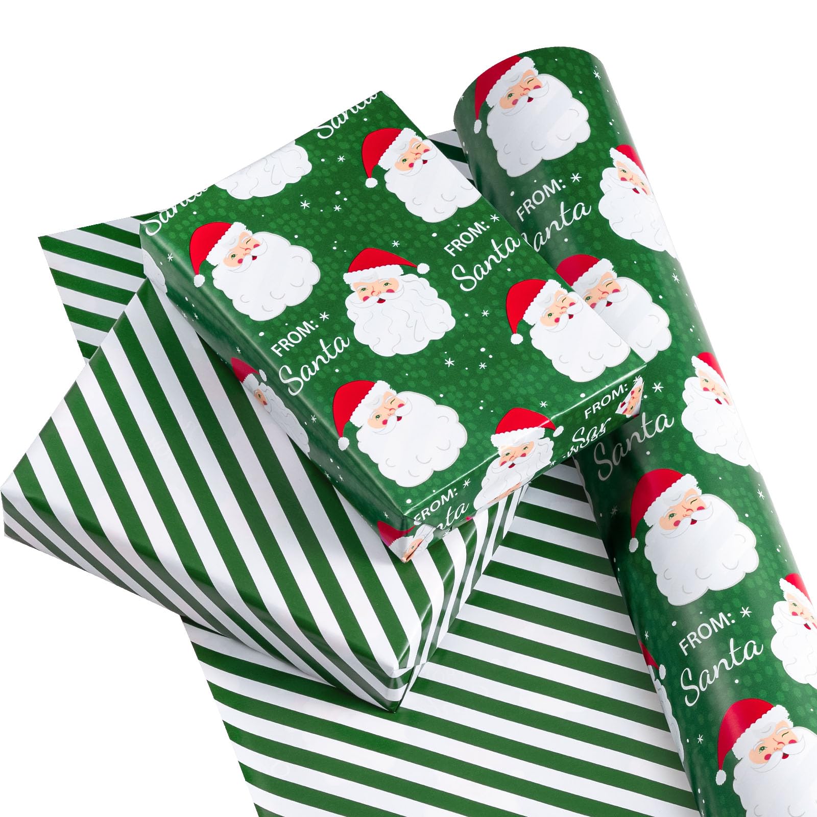 WRAPAHOLIC Wendbares Weihnachts-Geschenkpapier, 76,2 cm x 30 m, Jumbo-Rolle, grüner Weihnachtsmann und Streifen-Design