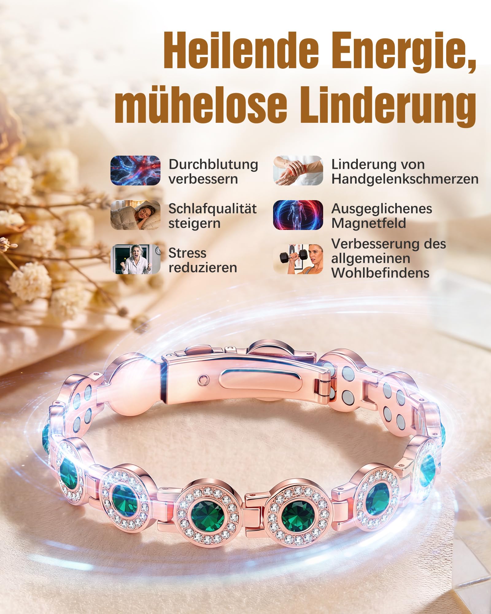 Jeracol Kupferarmband Dame, Magnetarmband mit je 4 Magneten pro Glied und kreisrunden Kristallen, 99% reines Kupfer, Schmuckgeschenk