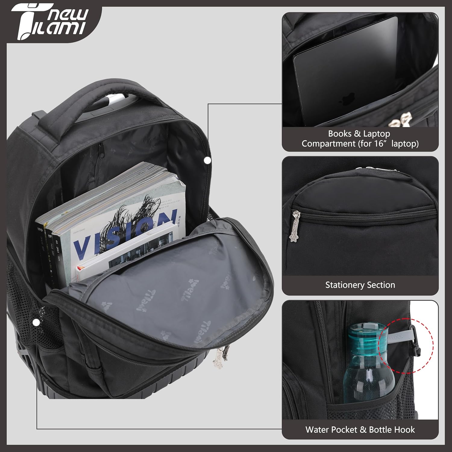 NEW TILAMI 16 Inch Rolling Backpack Carry-on Wheeled Laptop Backpack with Wheels for Girls Boys School, Black - Image 4