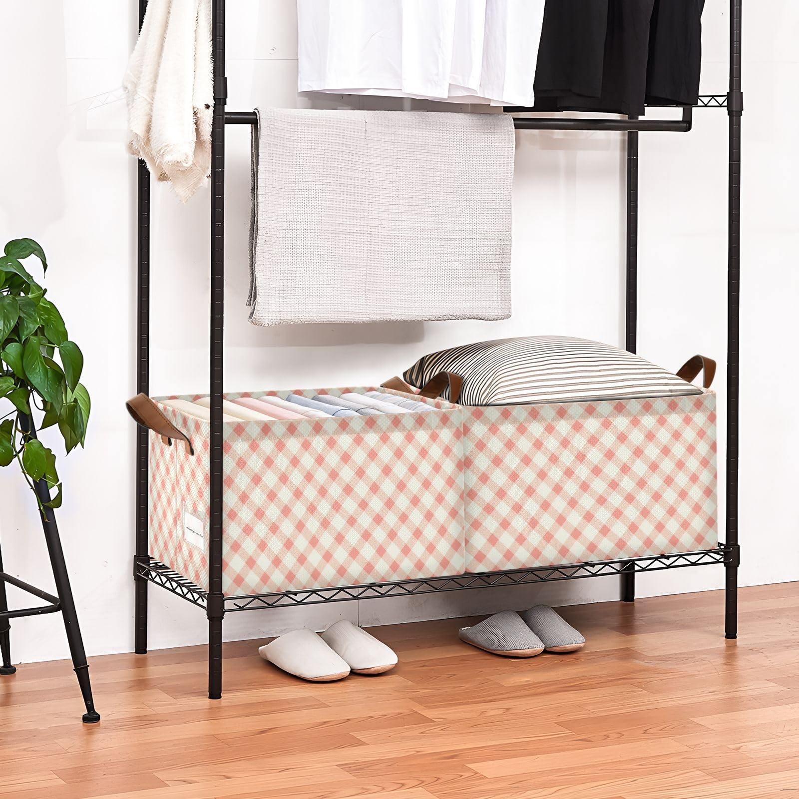 KLL Różowa kość słoniowa w kratkę retro duże kosze do przechowywania z uchwytami duży dekoracyjny organizer do organizacji, 2-pak cajas de almacenamiento para closet