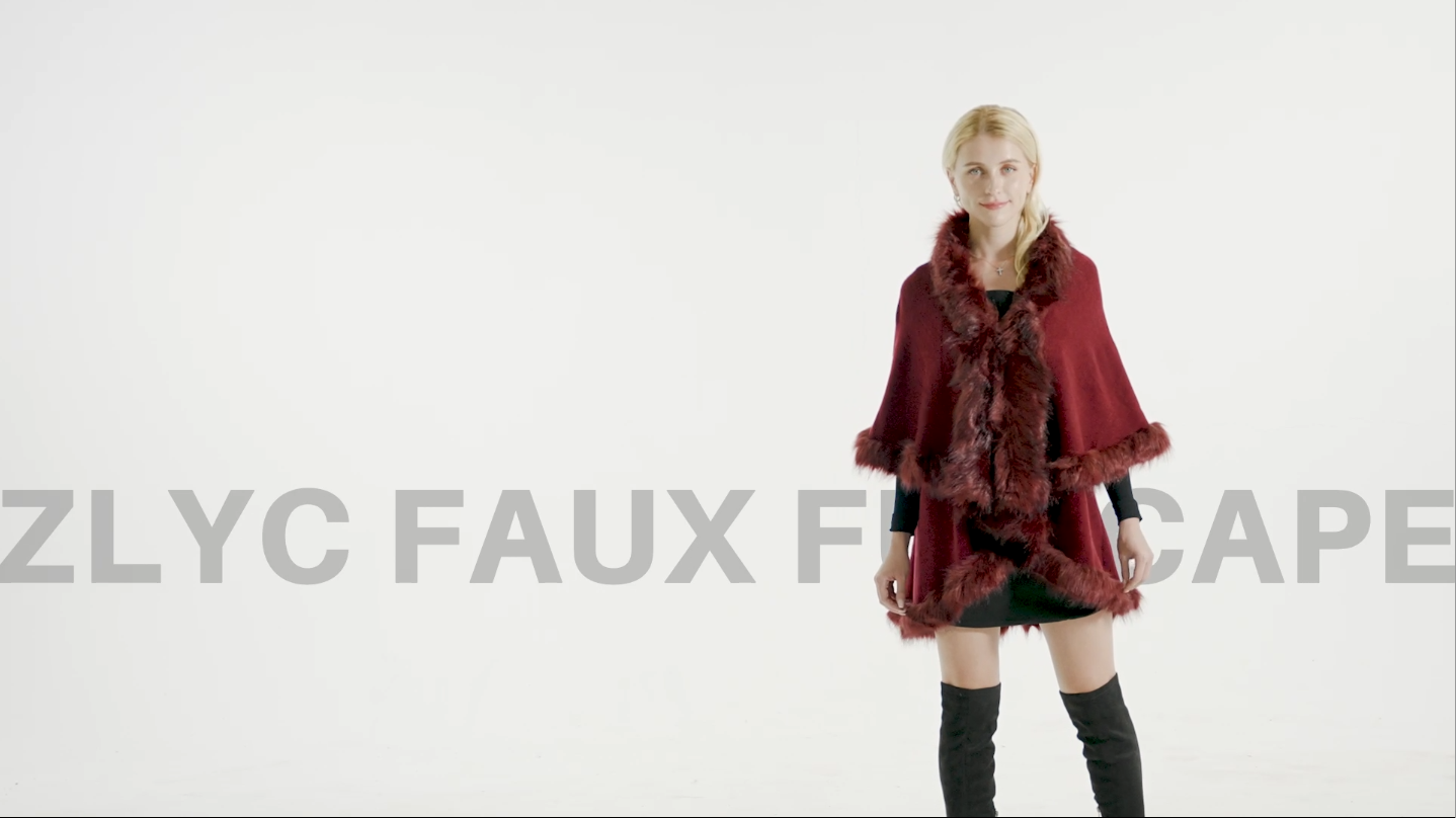 ZLYC Women Fine Knit Open Front Faux Fur Trim Layers Poncho Cape