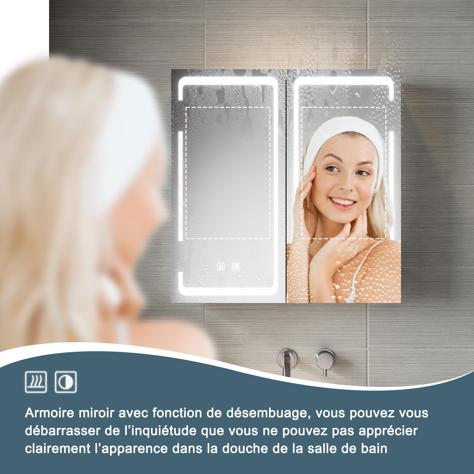 SIRHONA Armoire Miroir Salle de Bain avec Miroir, Armoire Pharmacie avec 3 Couleurs de Lumière Réglables et Anti-Buée, Armoire de Toilette avec Charnière Aans Fil, 59 x 60 x 14cm